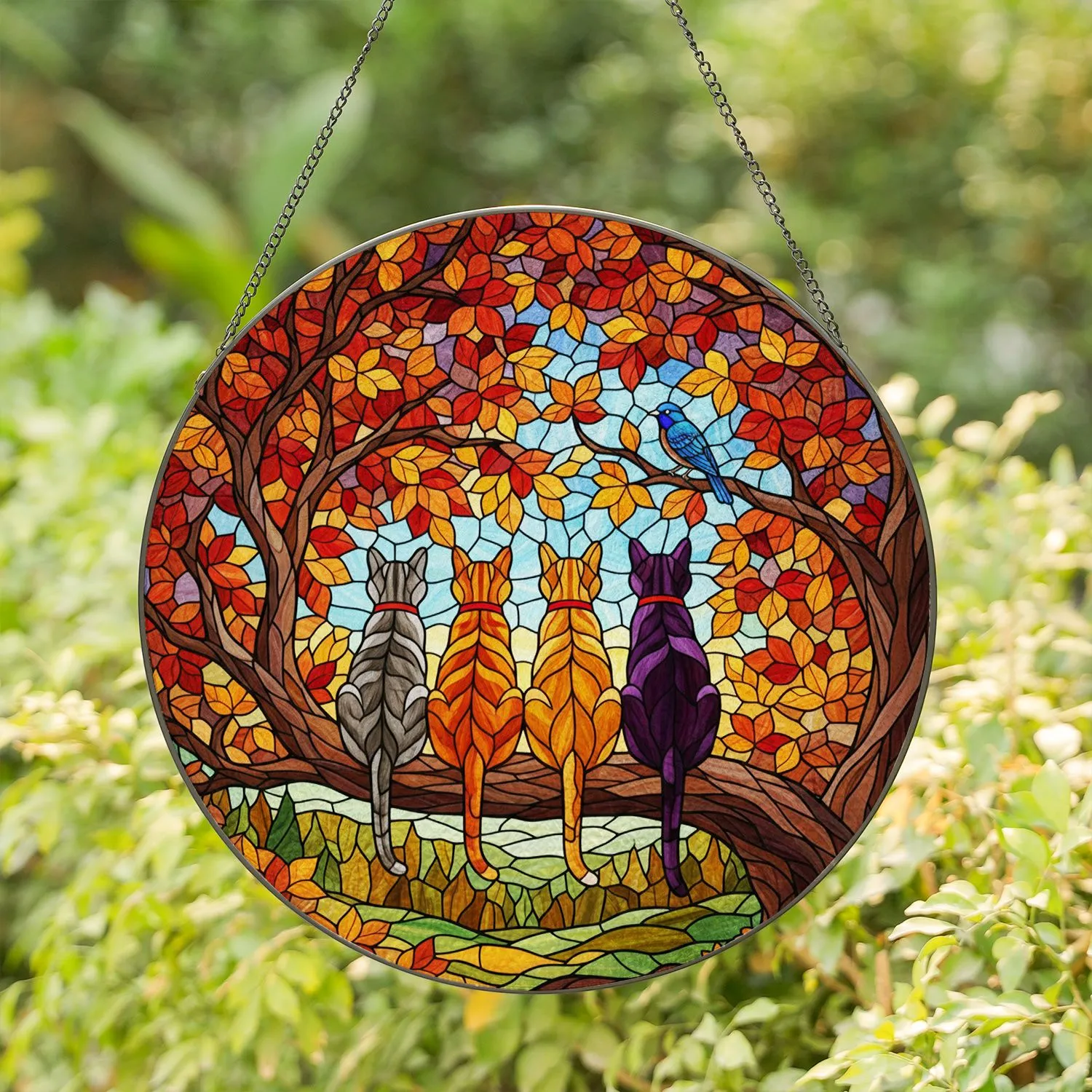 Grey Tabby, Two Ginger & Dark Purple Cats Stained Glass Autumn Leaves Blue Bird Art Stained Glass Suncatcher - 1