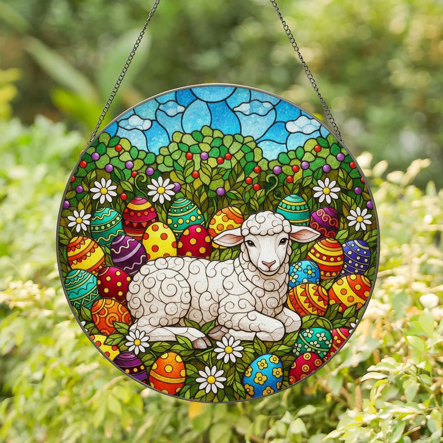 White Fluffy Lamb Easter Eggs Daisy Flowers Tiffany Stained Glass Art Spring Gift Stained Glass Suncatcher - 1