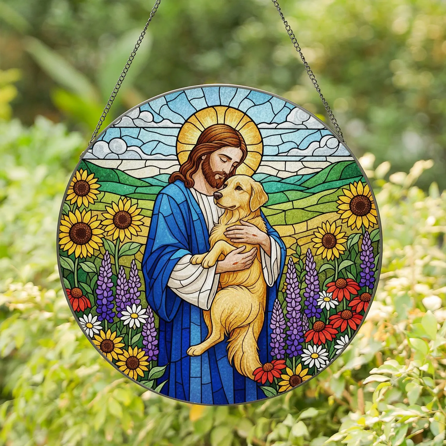 Jesus Christ Golden Retriever Stained Glass Wildflowers Hills Art - Tiffany Glass Style Stained Glass Suncatcher - 1