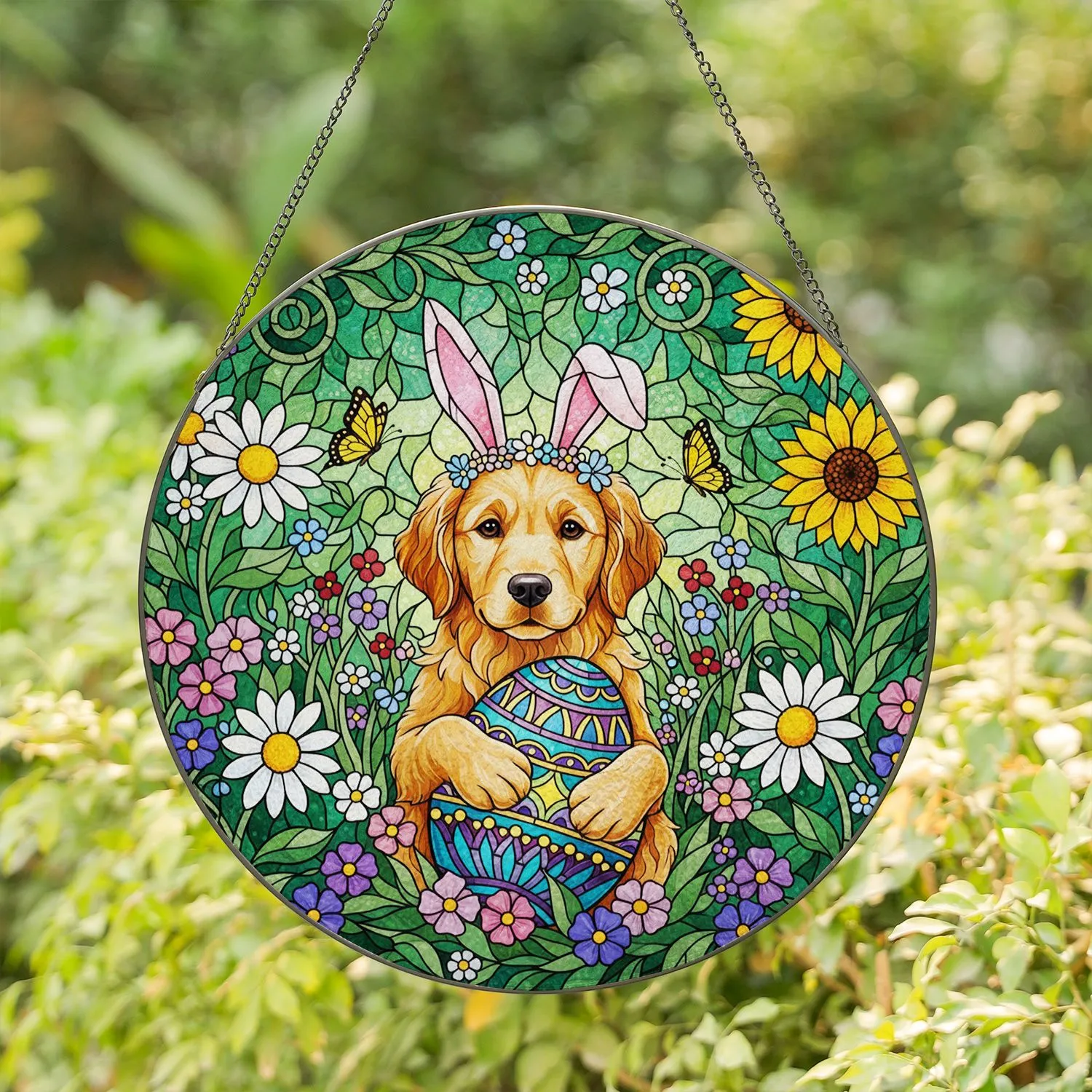 Golden Retriever Puppy Bunny Ears Easter Egg Mosaic Stained Glass Wildflowers Spring Gift Stained Glass Suncatcher - 1