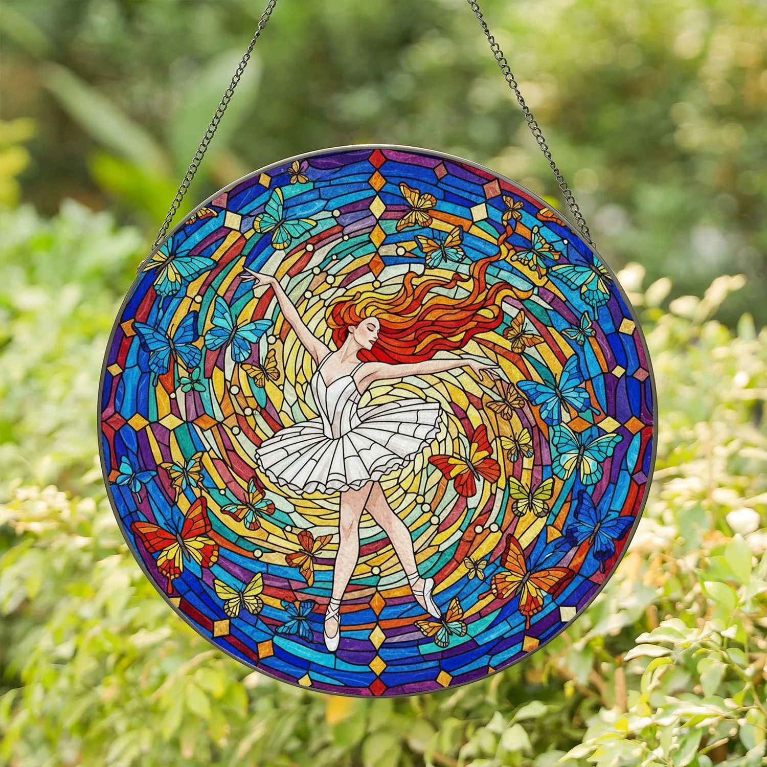 Ballerina Dancing Butterfly Stained Glass Art - Detailed Mosaic Geometric Glowing Pattern Stained Glass Suncatcher - 1