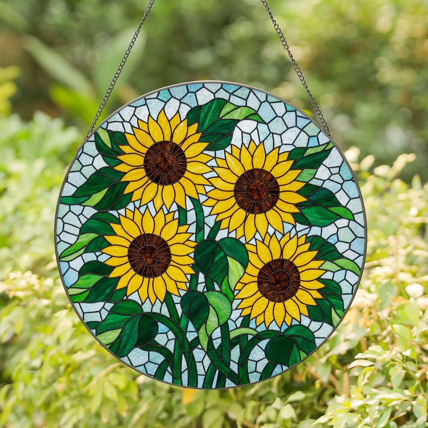 Stained Glass Sunflowers Mosaic Art - Bright Yellow & Green Tiffany Style Home Decor Stained Glass Suncatcher - 1