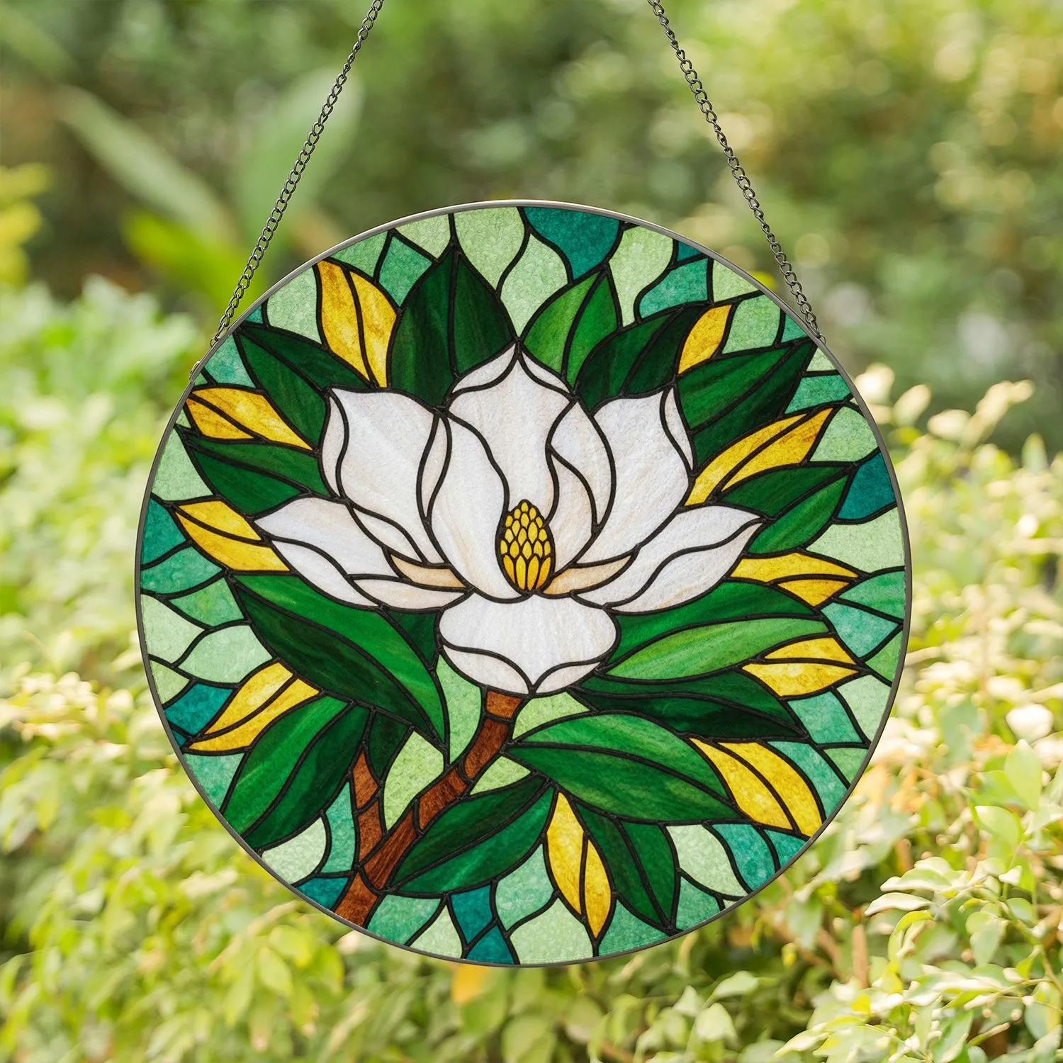 White Magnolia Flower Tiffany Stained Glass Mosaic Art, Intricate Geometric Dappled Light Stained Glass Suncatcher - 1