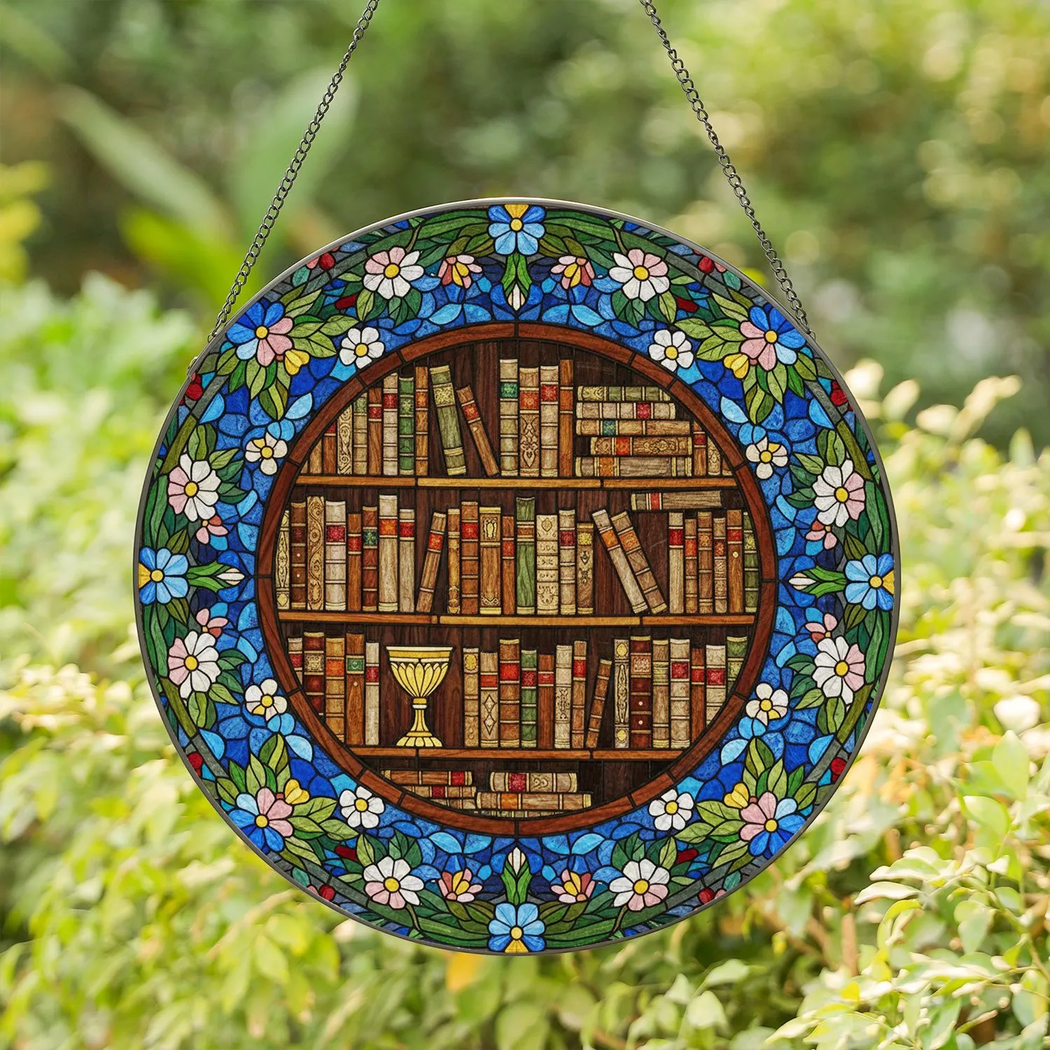 Detailed Stained Glass Bookshelf Ornate Books Floral Frame Golden Goblet Tiffany Stained Glass Suncatcher - 1