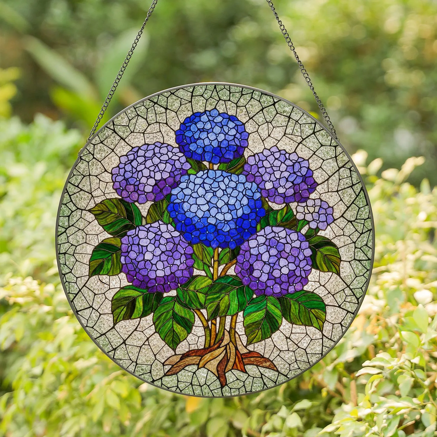 Vibrant Hydrangea Blossoms Tiffany Stained Glass Jewel Tones Mosaic Crackled Stained Glass Suncatcher - 1