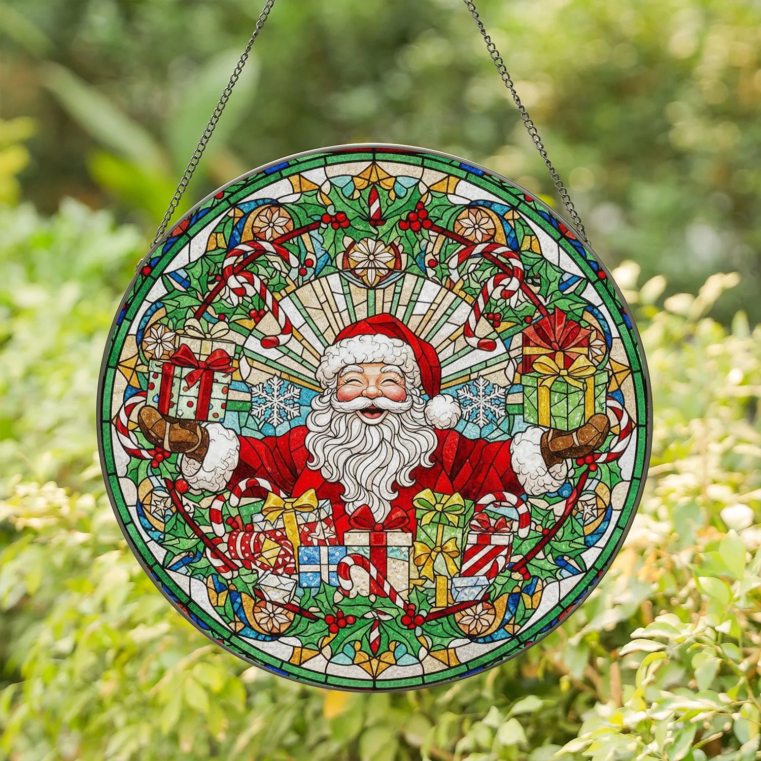 Santa Claus Christmas Presents Holly Snowflakes Stained Glass - Christmas Holiday Gift Stained Glass Suncatcher - 1