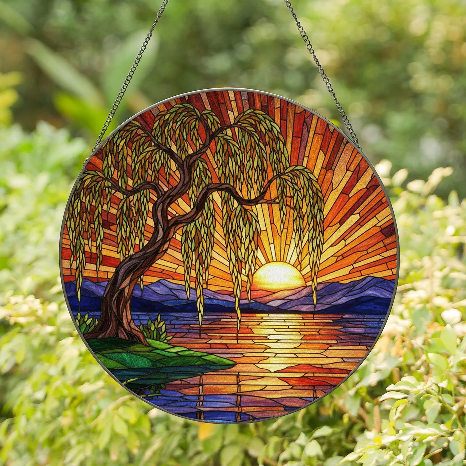 Stained Glass Willow Tree Sunset & Water Reflection - Tiffany Jewel Tone Art Gift Stained Glass Suncatcher - 1