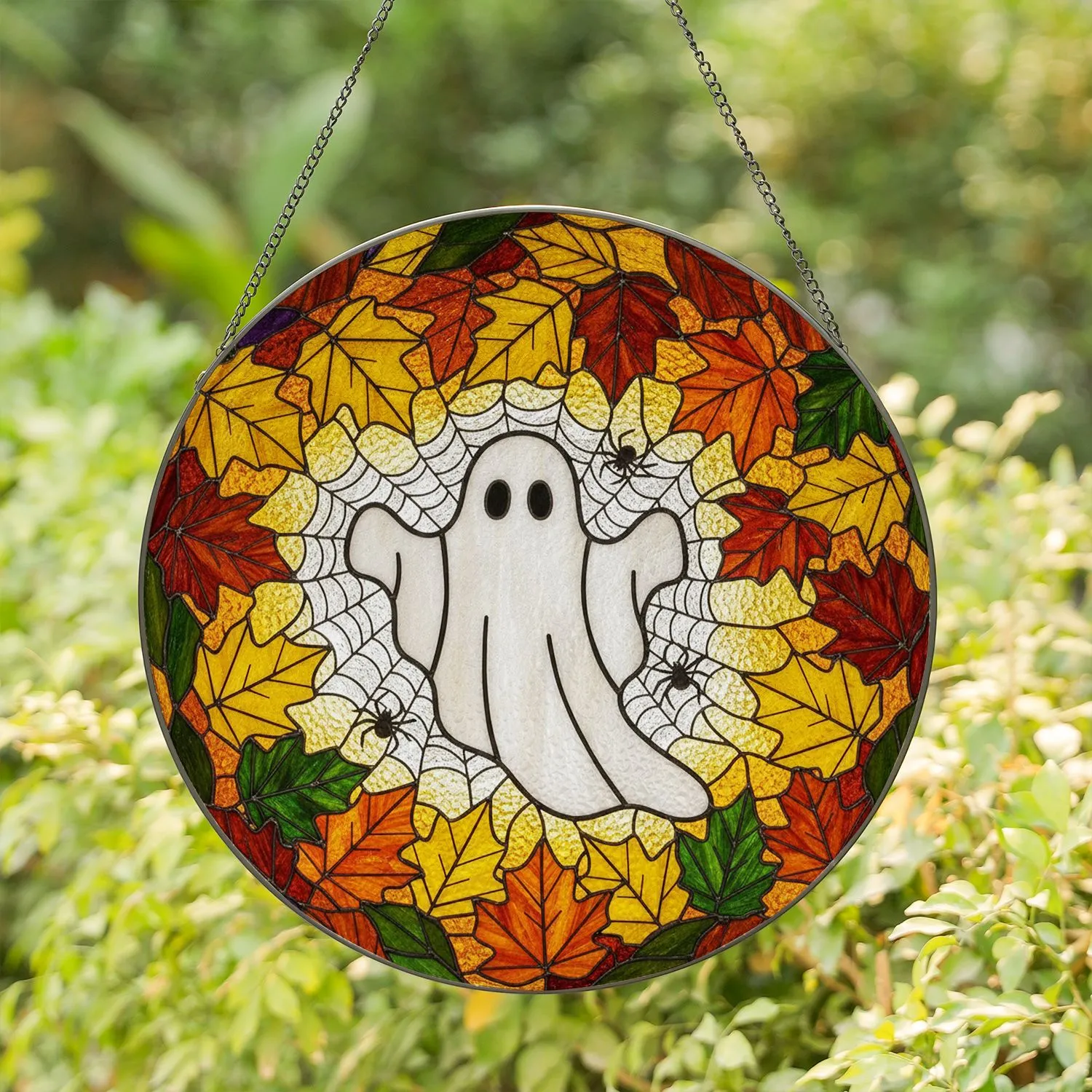 White Ghost Spiderweb Autumn Leaves Tiffany Glass - Halloween Fall Window Decor Art Stained Glass Suncatcher - 1