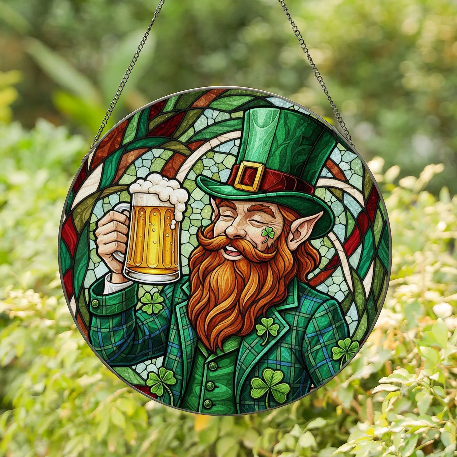 Leprechaun Stained Glass with Beer Tankard & Shamrocks - St. Patrick's Day Party Gift Stained Glass Suncatcher - 1