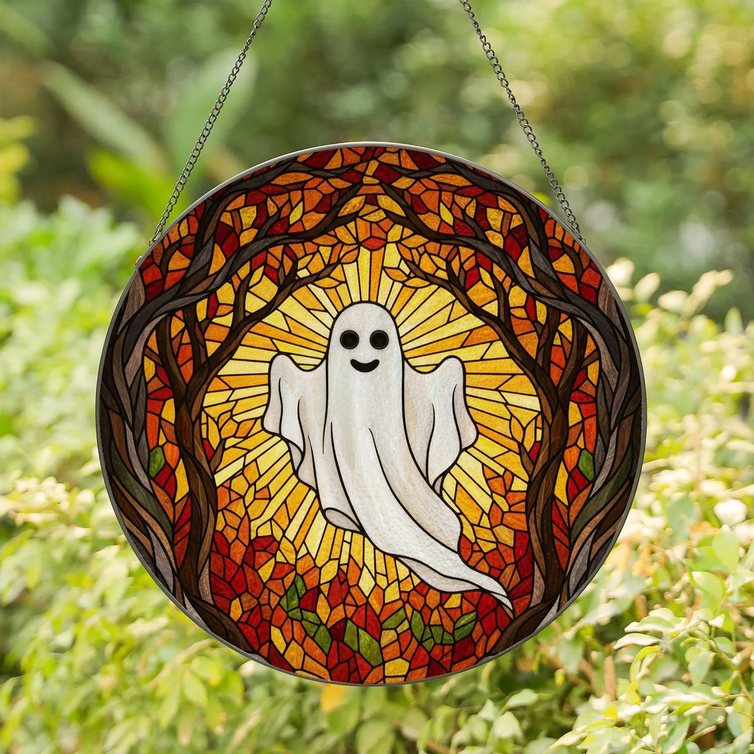 Friendly White Ghost Stained Glass - Gnarled Trees Autumn Forest Tiffany Jewel Tones Stained Glass Suncatcher - 1