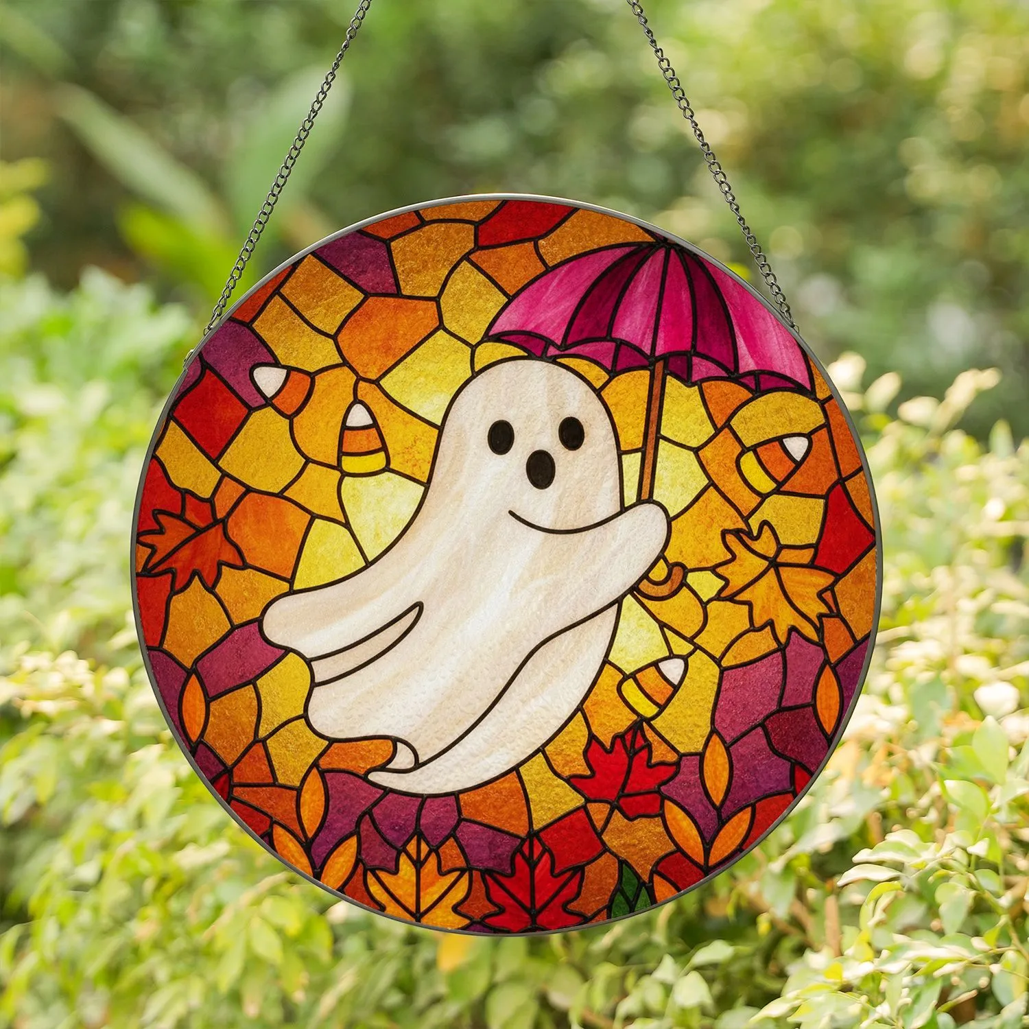 Ghost Umbrella Candy Corn Autumn Leaves Mosaic Stained Glass Fall Decor Halloween Stained Glass Suncatcher - 1