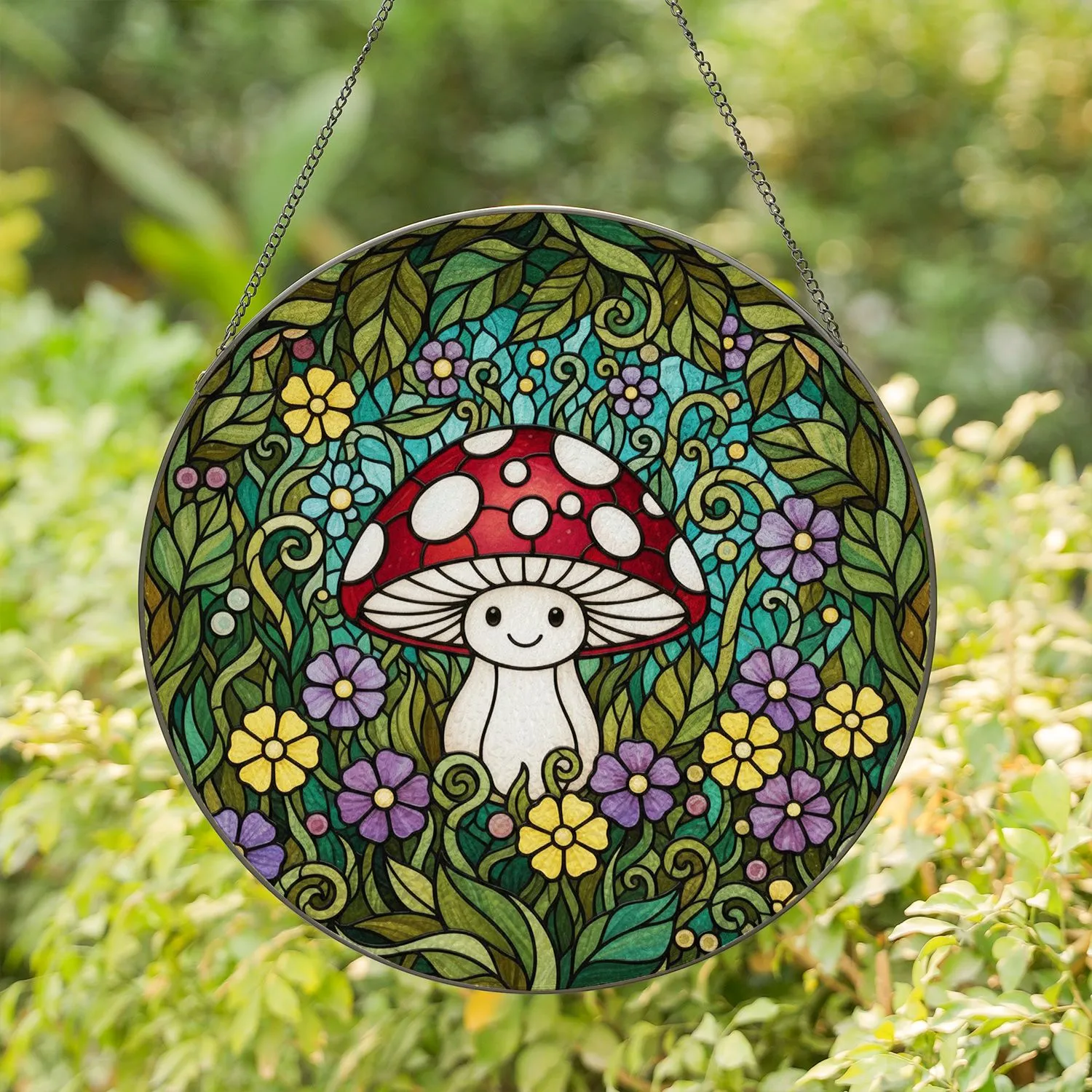 Detailed Tiffany Stained Glass Mushroom Character Forest Garden Botanical Mosaic Art Stained Glass Suncatcher - 1