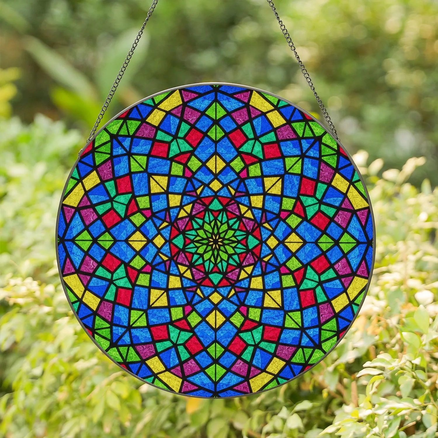 Stained Glass Diamond Tessellation Mosaic - Glowing Jewel Tone Geometric Facet Pattern Stained Glass Suncatcher - 1