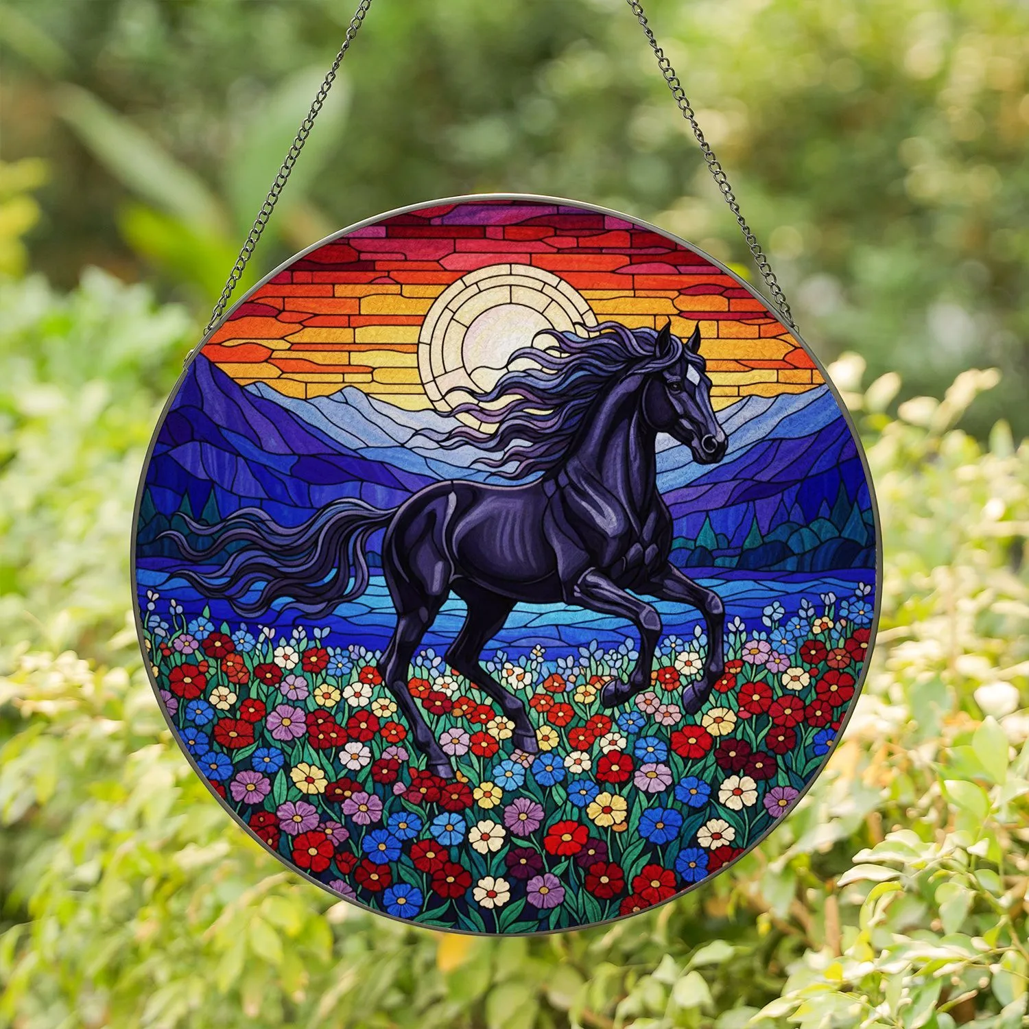 Black Horse Wildflowers Full Moon Mountain Sunset Tiffany Stained Glass Design Stained Glass Suncatcher - 1