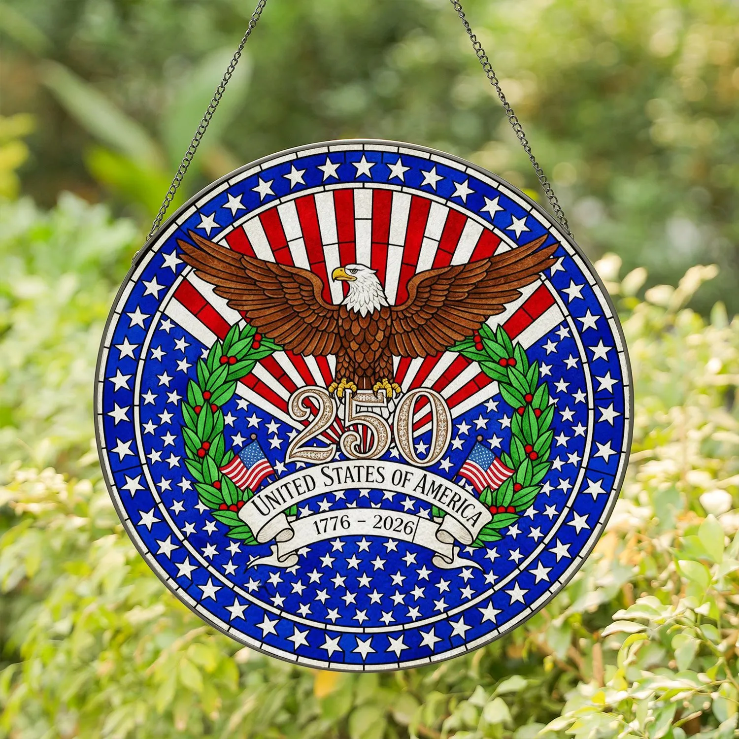 Bald Eagle American Flag 1776-2026 - USA 250th Anniversary Patriotic Laurel Wreath Stained Glass Suncatcher - 1