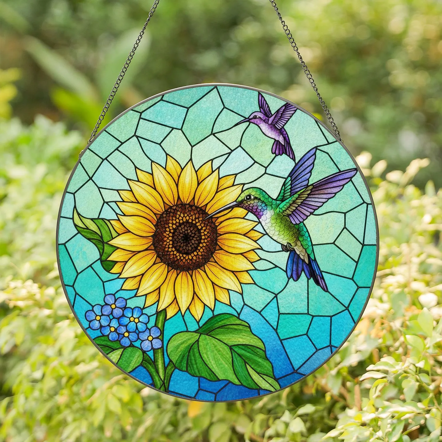 Iridescent Hummingbird Golden Sunflower Stained Glass - Tiffany Style Jewel Tone Mosaic Art Stained Glass Suncatcher - 1