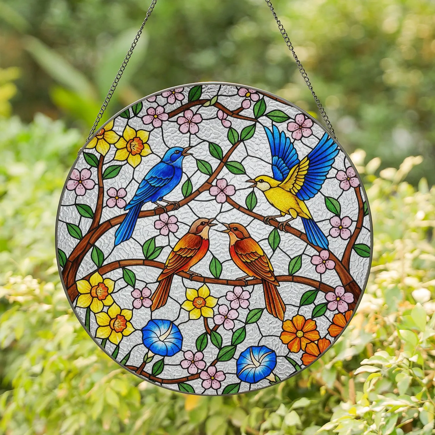 Colorful Birds Stained Glass Art - Tiffany Style Nature Scene Flowers Leaves Window Decor Gift Stained Glass Suncatcher - 1