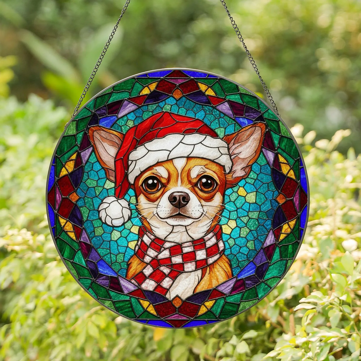 Chihuahua Dog Santa Hat Scarf Stained Glass Jewel Tone Mosaic - Christmas Holiday Gift Stained Glass Suncatcher - 1