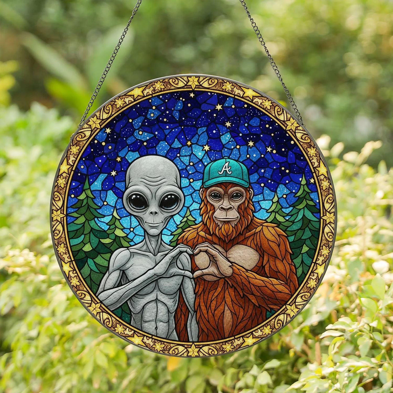 Grey Alien Bigfoot Heart Hands Stained Glass Starry Night Sky Tiffany Art Gift Stained Glass Suncatcher - 1
