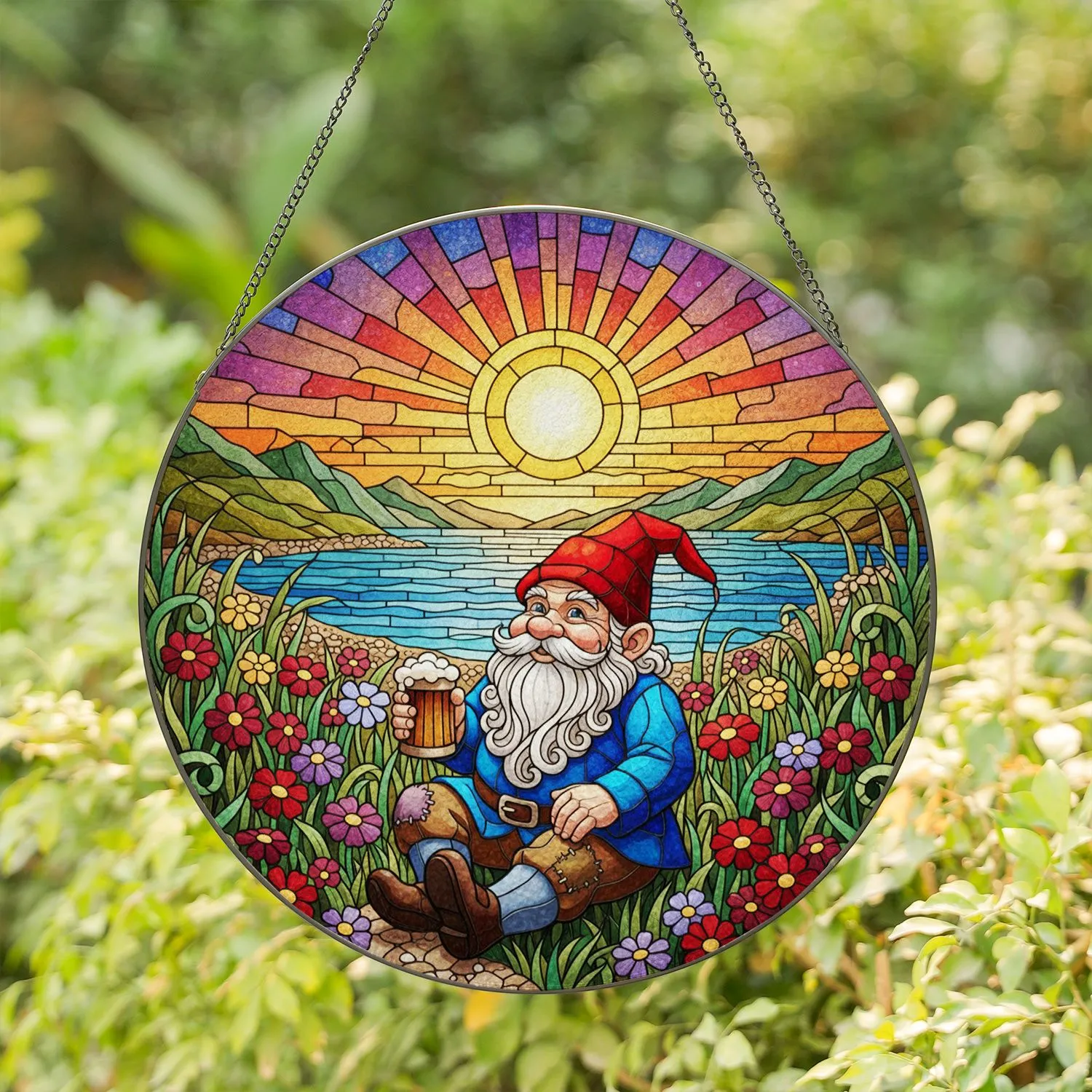 Garden Gnome Stained Glass Meadow Lake Art - Tiffany Style Sunrise Sunset Window Decor Stained Glass Suncatcher - 1