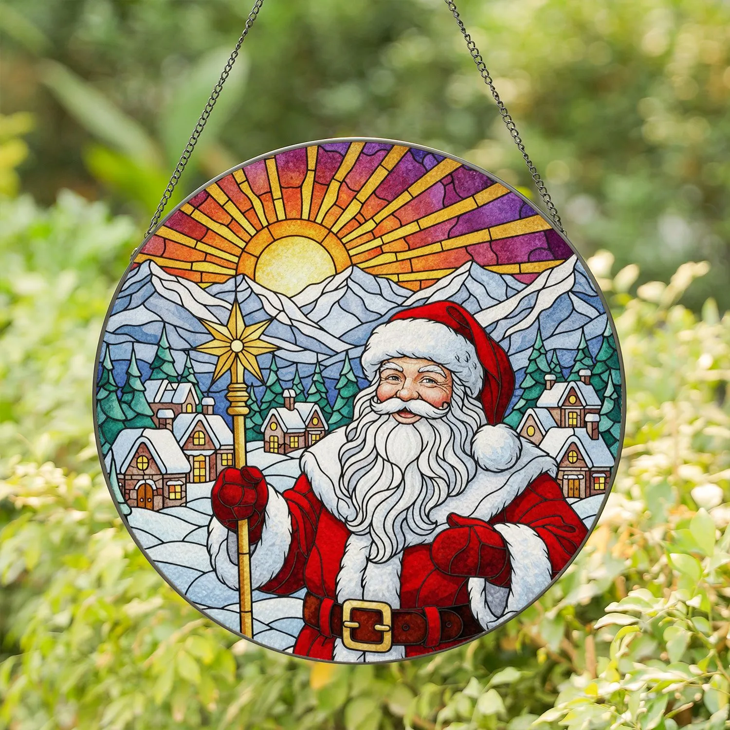 Colorful Intricate Santa Claus Christmas Village Snowy Mountains Sunset Tiffany Glass Stained Glass Suncatcher - 1