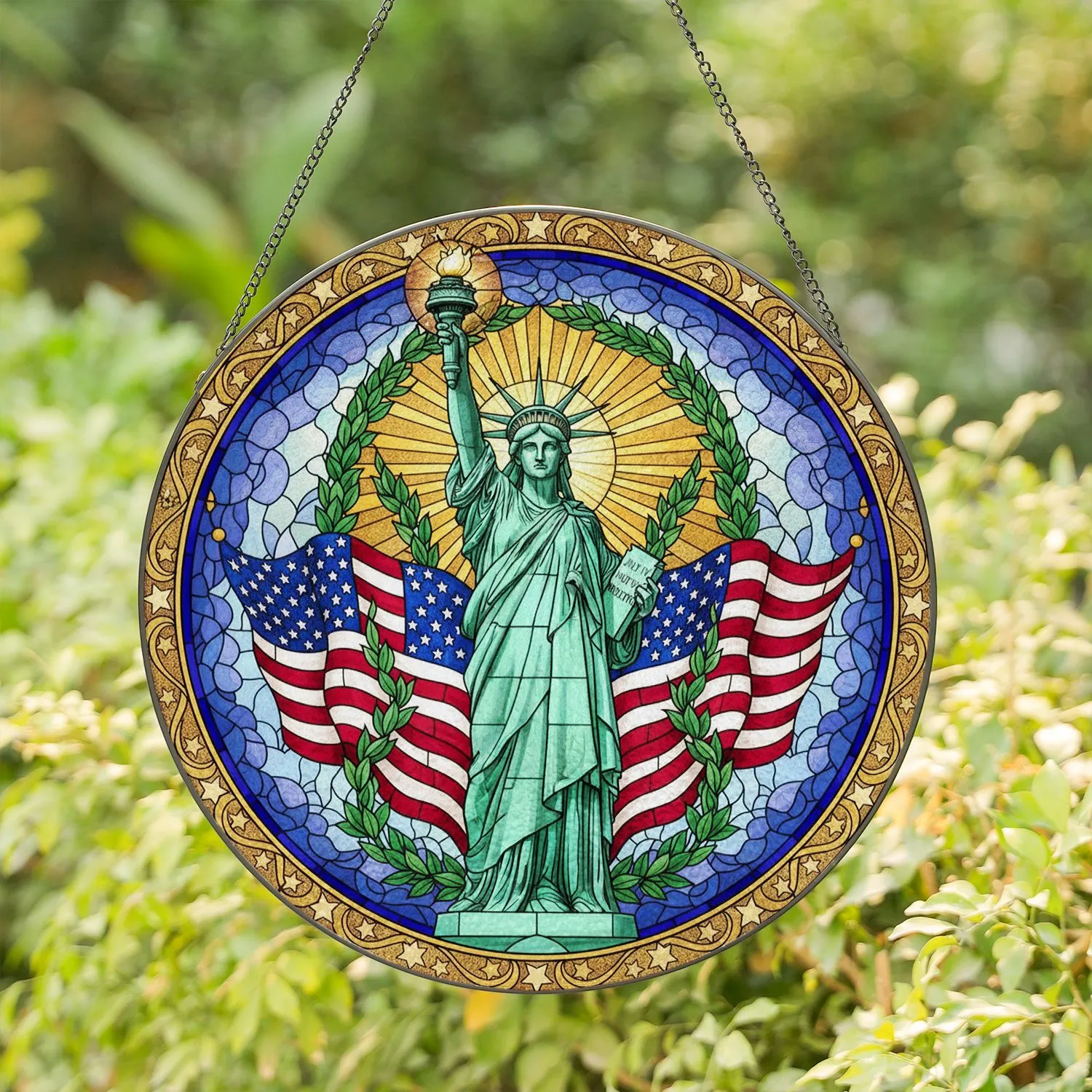 Statue of Liberty American Flag 1776 - Independence Day Patriotic Gift for Veterans Stained Glass Suncatcher - 1