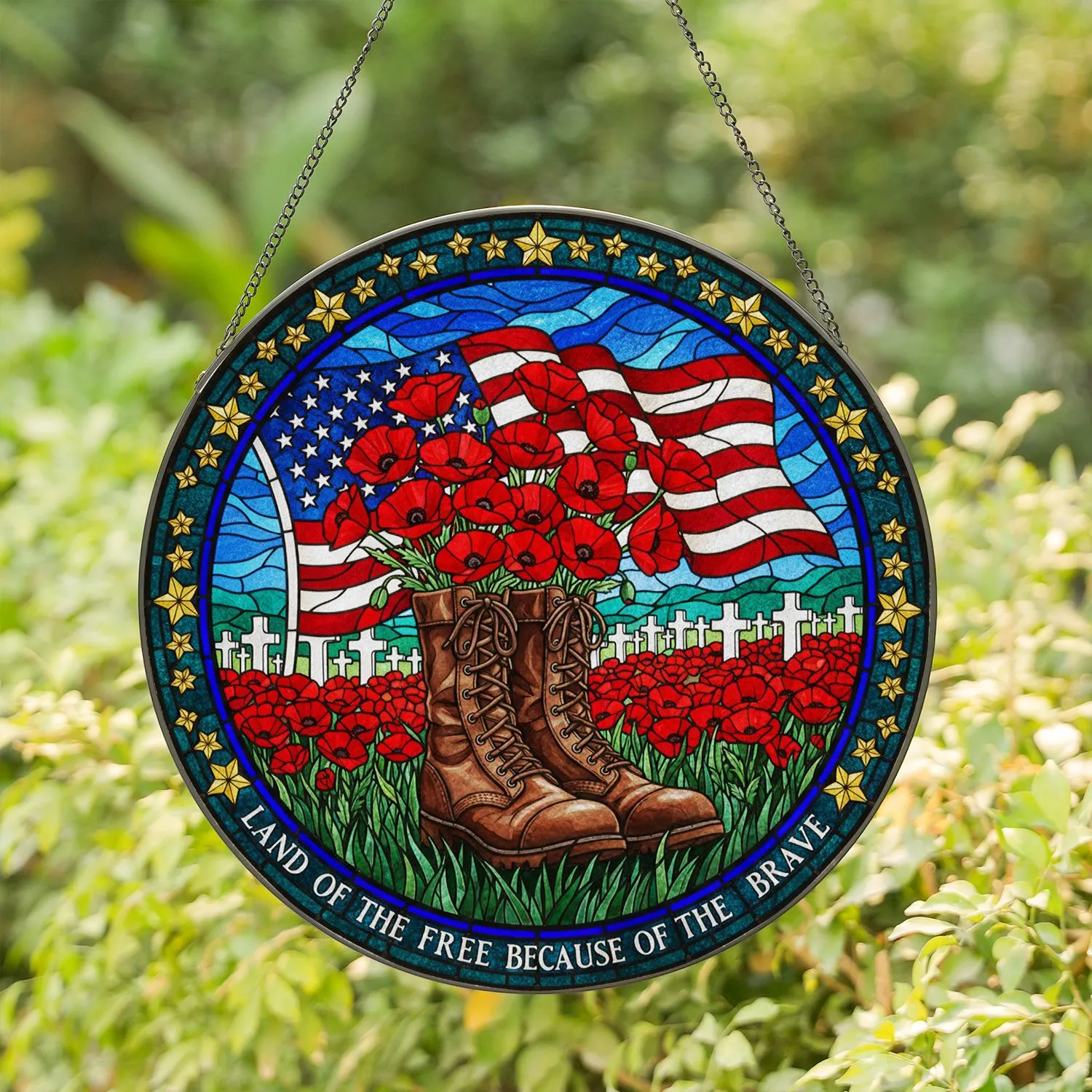 Military Combat Boots Poppies American Flag Gravestone Crosses - Veterans Remembrance Stained Glass Suncatcher - 1