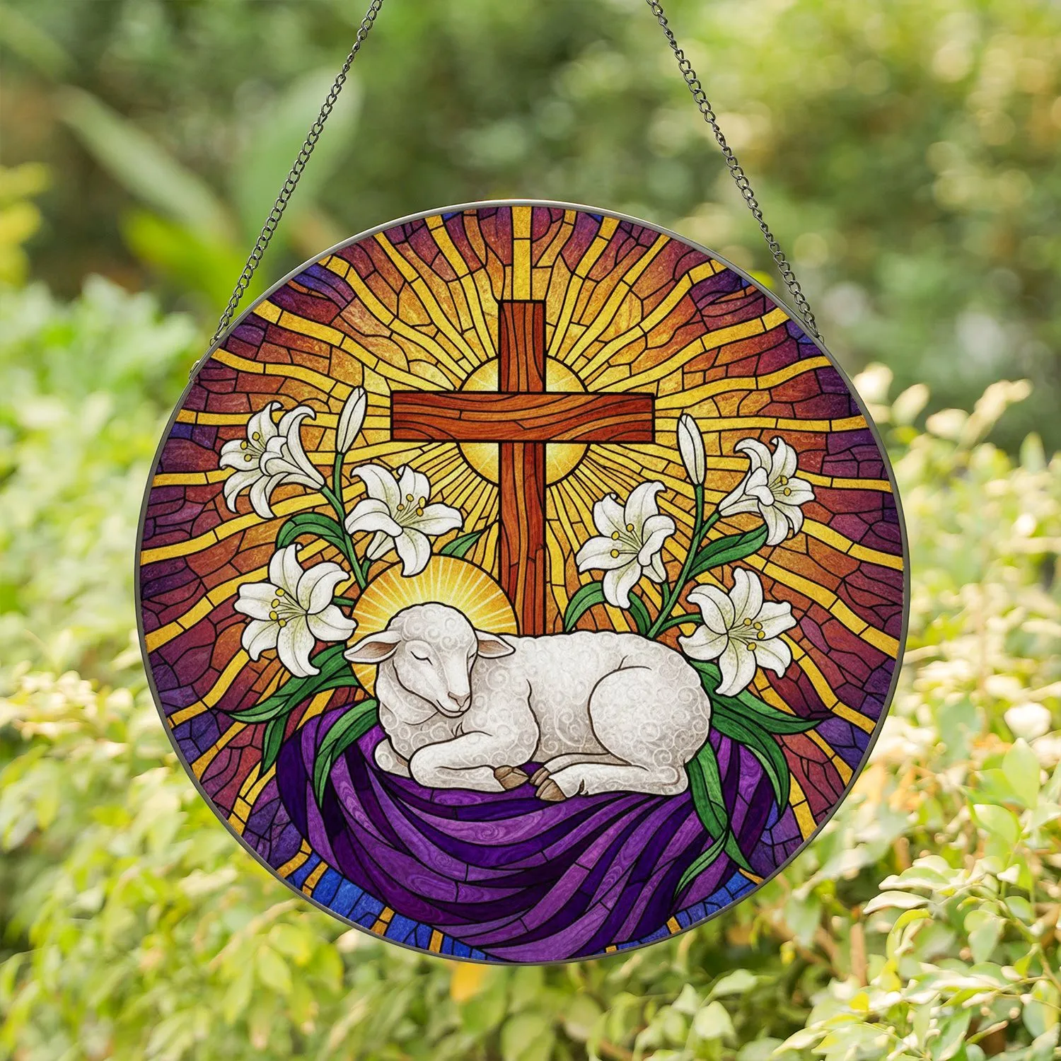 Sleeping White Lamb Cross Lilies - Tiffany Style Sun Mosaic Spiritual Home Decor Gift Stained Glass Suncatcher - 1