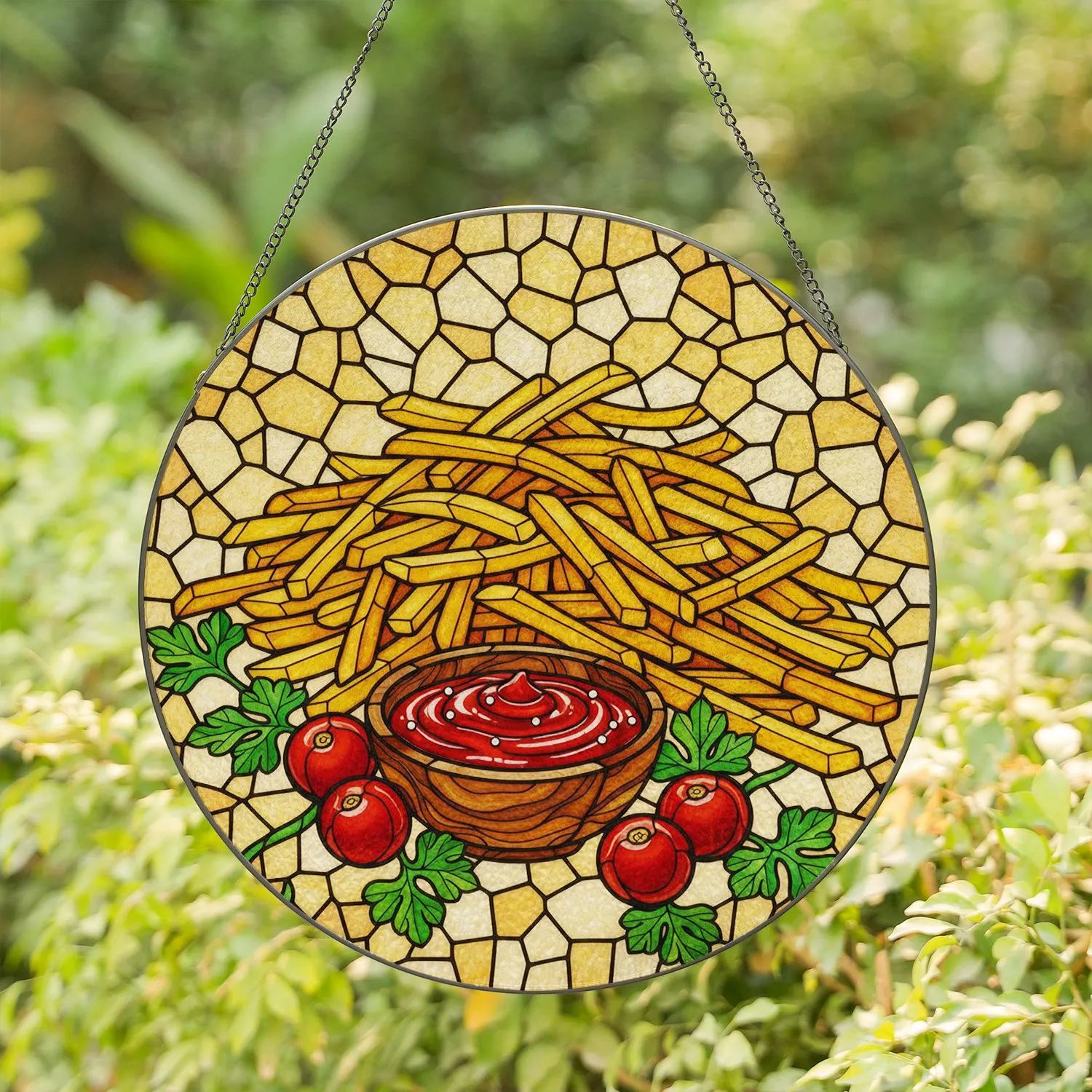 Golden Brown French Fries Ketchup Cherry Tomato Parsley Stained Glass Tiffany Style Art Stained Glass Suncatcher - 1