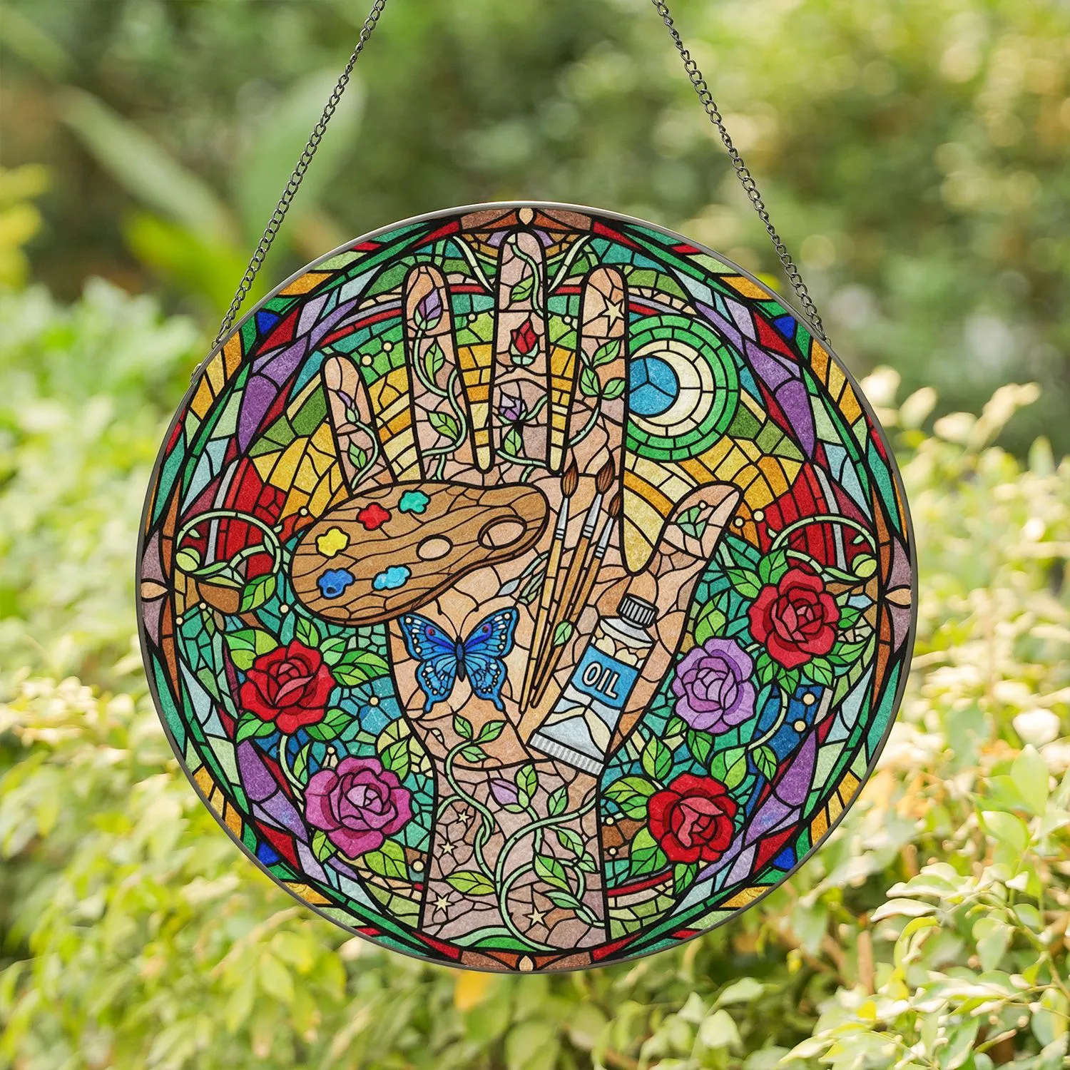 Tiffany Stained Glass Hand Palette Butterfly Rose Moon Stars Jewel Tones - Gift for Artists Stained Glass Suncatcher - 1
