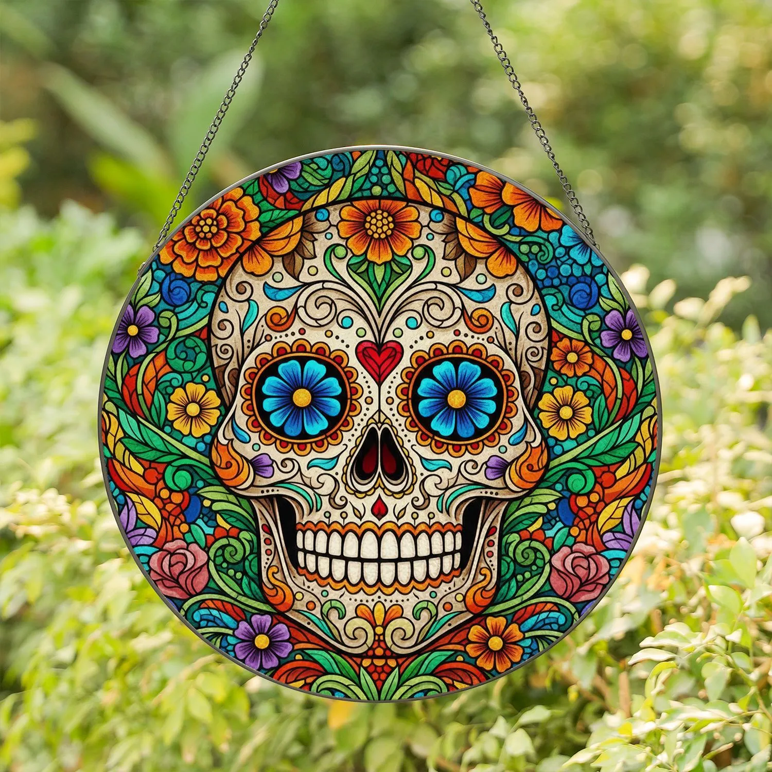 Vibrant Day of the Dead Sugar Skull Stained Glass Floral Fiesta - Mexican Home Decor Stained Glass Suncatcher - 1