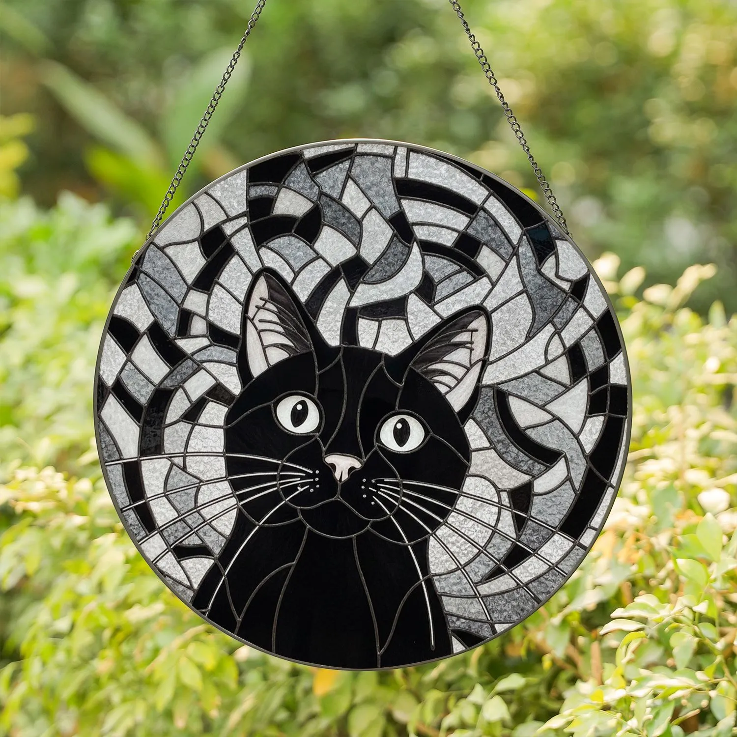 Curious Black Cat Head Stained Glass Mosaic - White Eyes & Whiskers Cat Lover Gift Stained Glass Suncatcher - 1