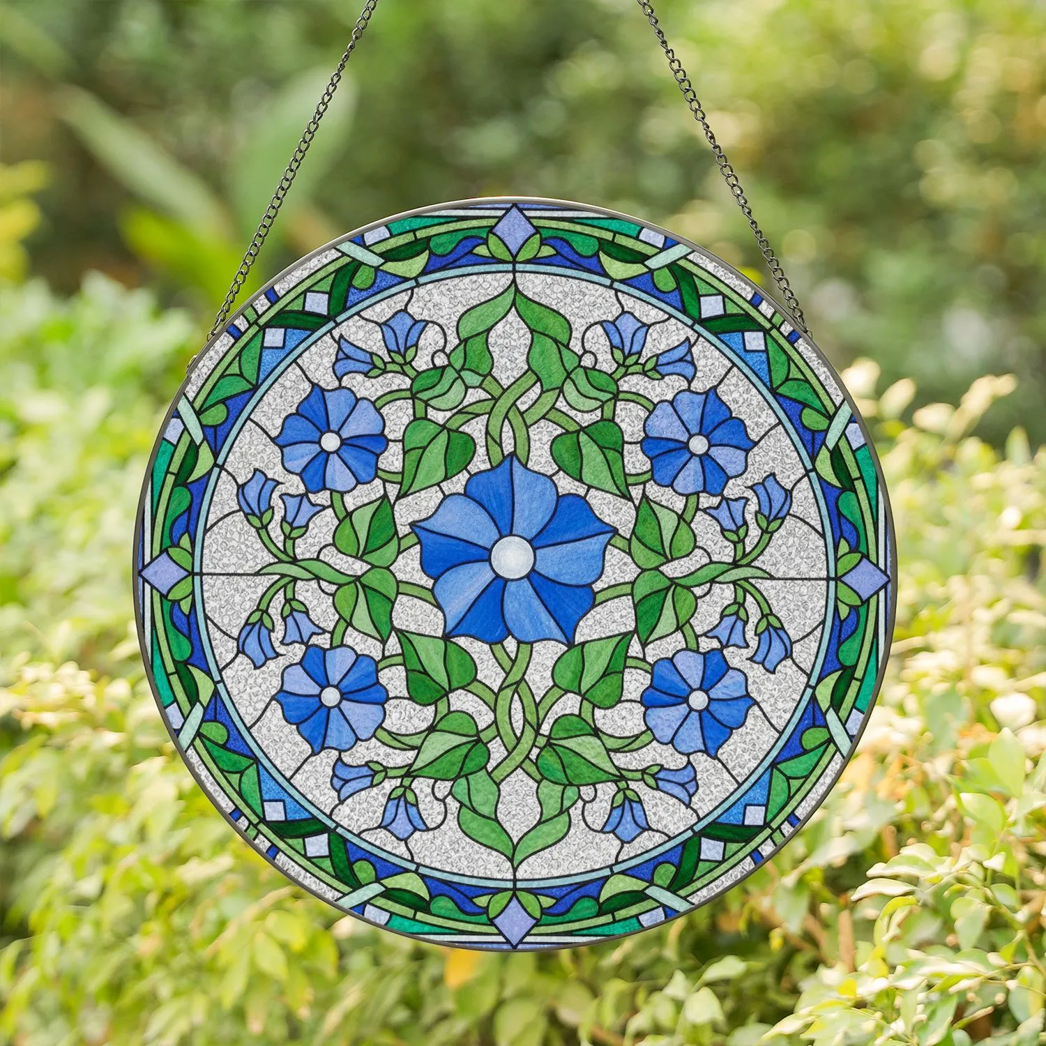 Tiffany Style Blue Flower Stained Glass Intricate Floral Mosaic with Green Leaves & Buds Stained Glass Suncatcher - 1