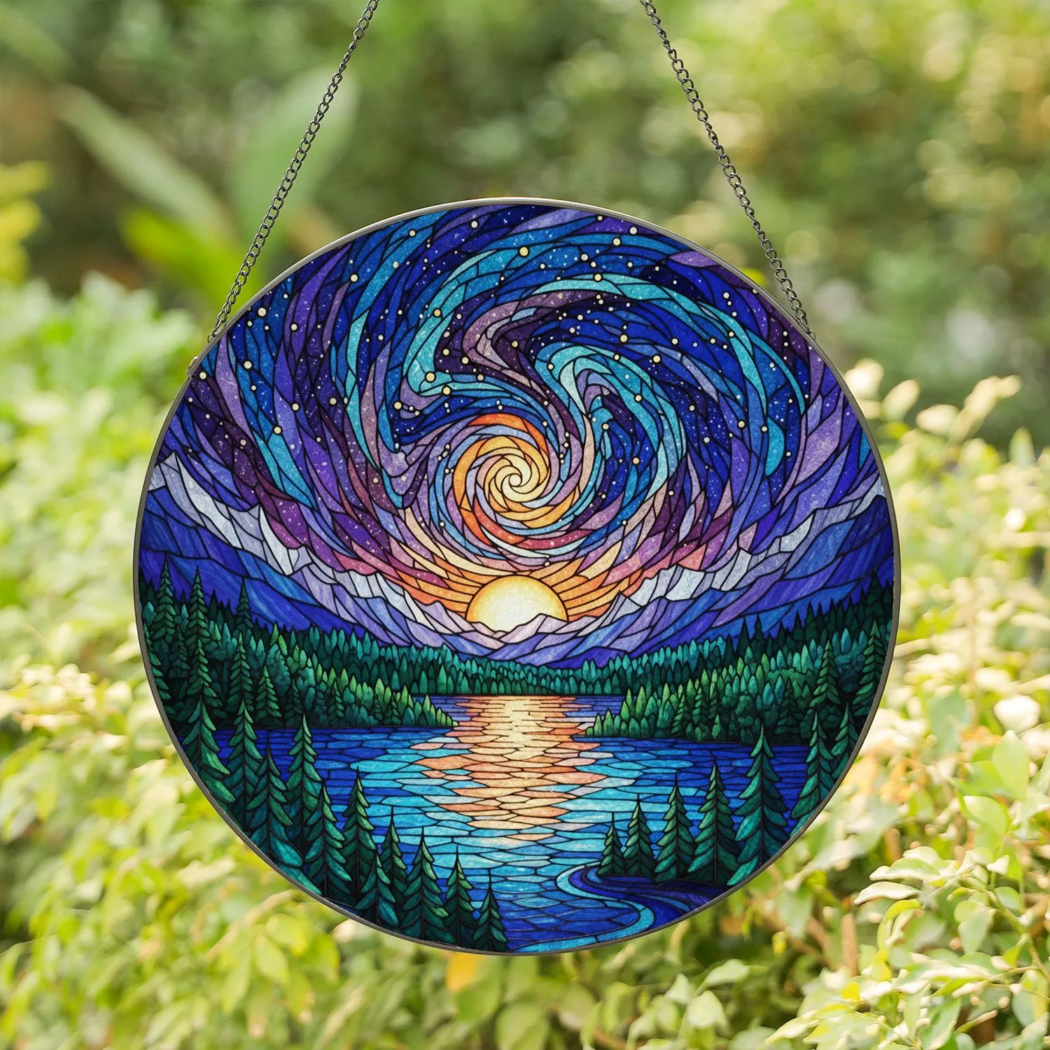 Stained Glass Mountain Lake Landscape Forest Celestial Sky Twilight Glowing Jewel Tones Stained Glass Suncatcher - 1