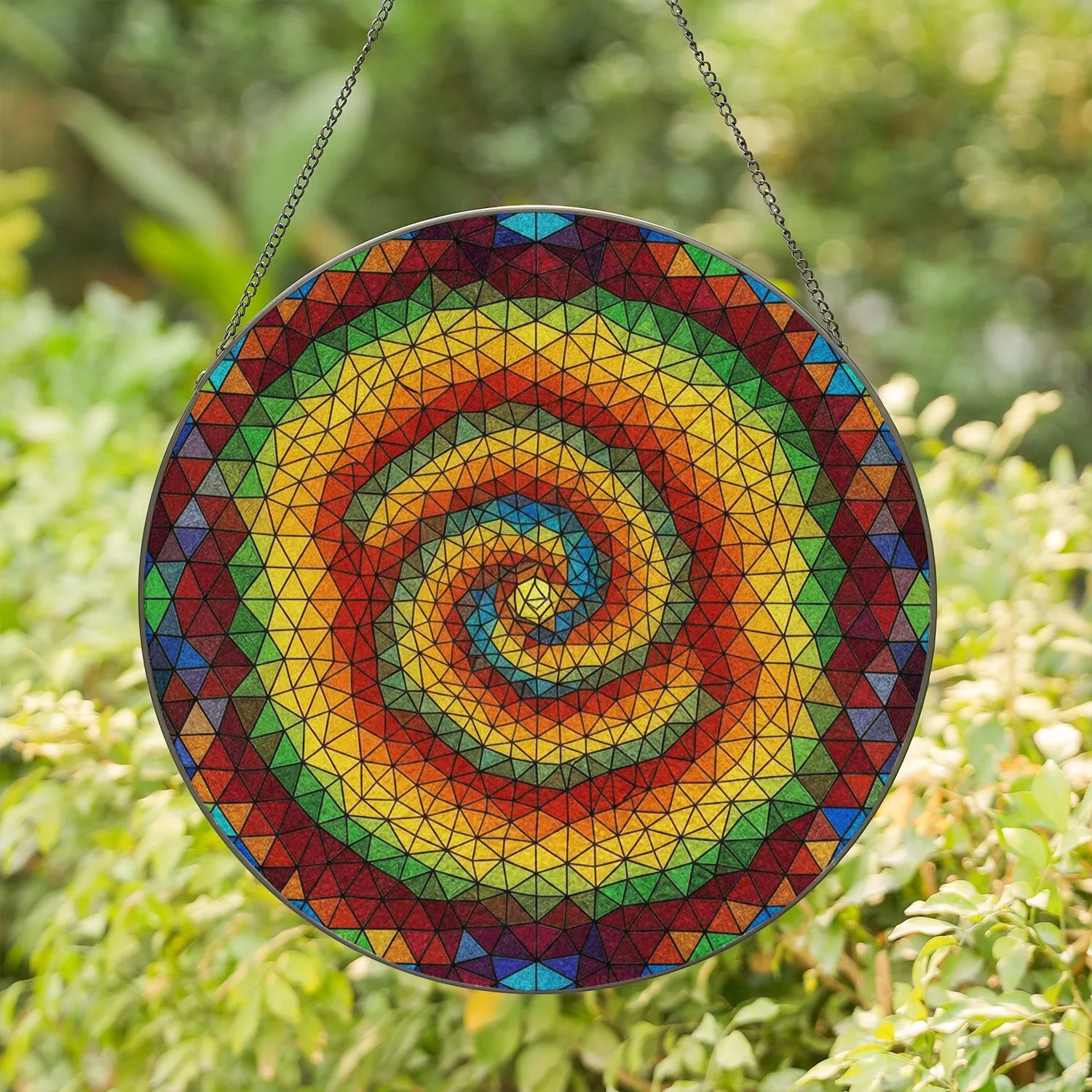 Abstract Geometric Spiral Mosaic - Tiffany Style Jewel Tone Vortex Full Frame Art Stained Glass Suncatcher - 1