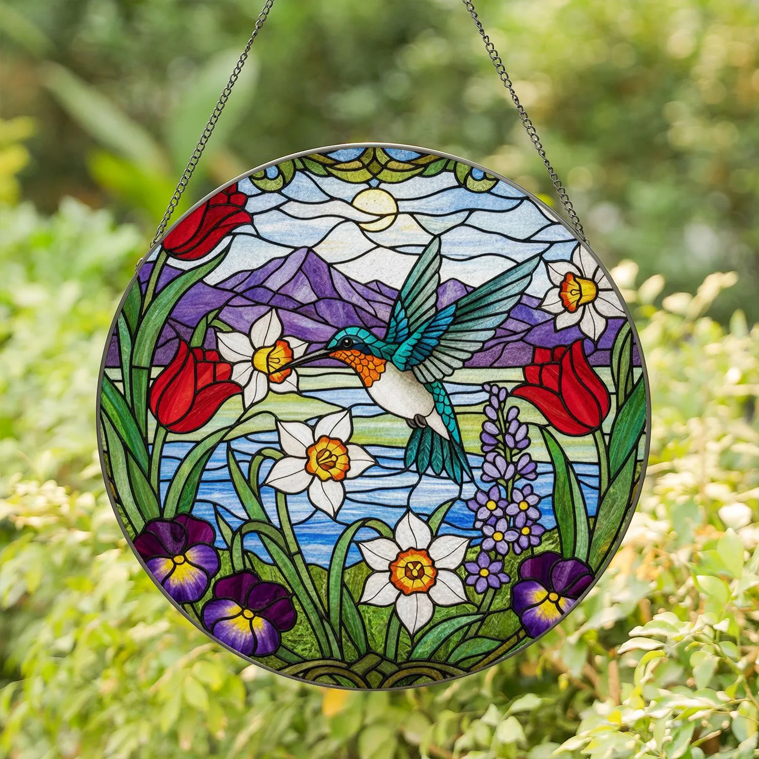 Hummingbird Daffodil Stained Glass Art - Tiffany Style Floral Mountain River Jewel Tones Stained Glass Suncatcher - 1