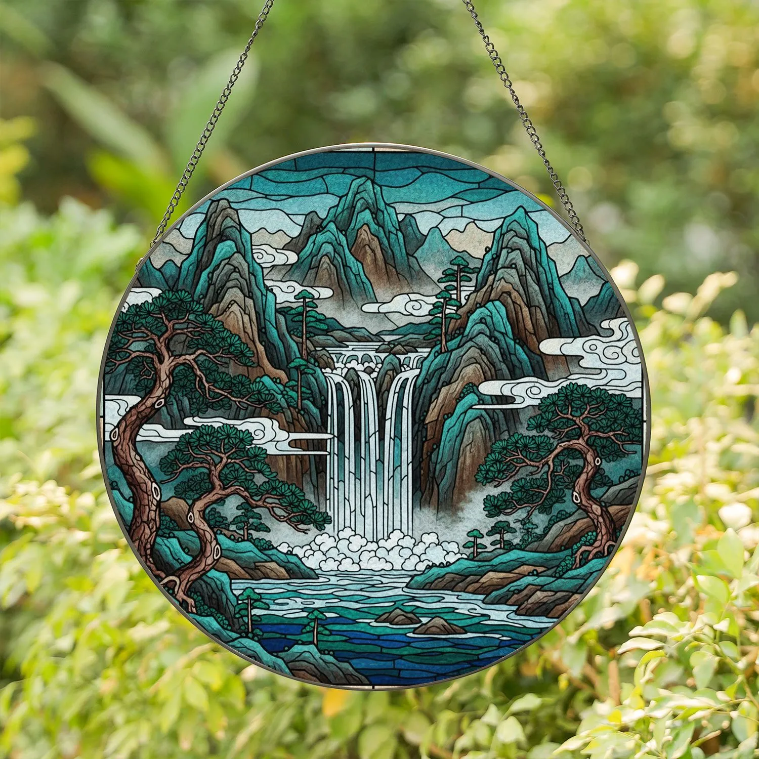 Majestic Waterfall Mountain River Pine Trees - East Asian Stained Glass Art Gift Stained Glass Suncatcher - 1