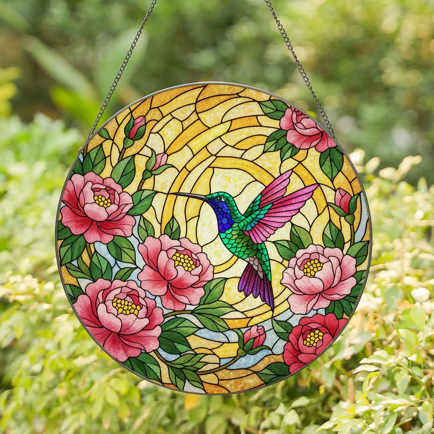 Iridescent Hummingbird Stained Glass Flowers - Tiffany Jewel Tone Art Window Decor Gift Stained Glass Suncatcher - 1