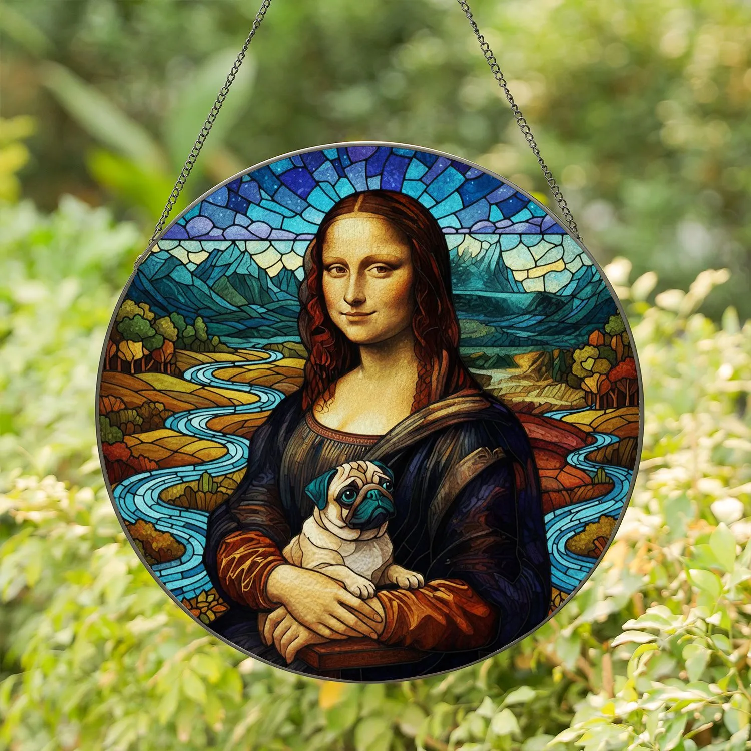 Mona Lisa Pug Intricate Stained Glass Art - Tiffany Style River Valley Landscape Stained Glass Suncatcher - 1