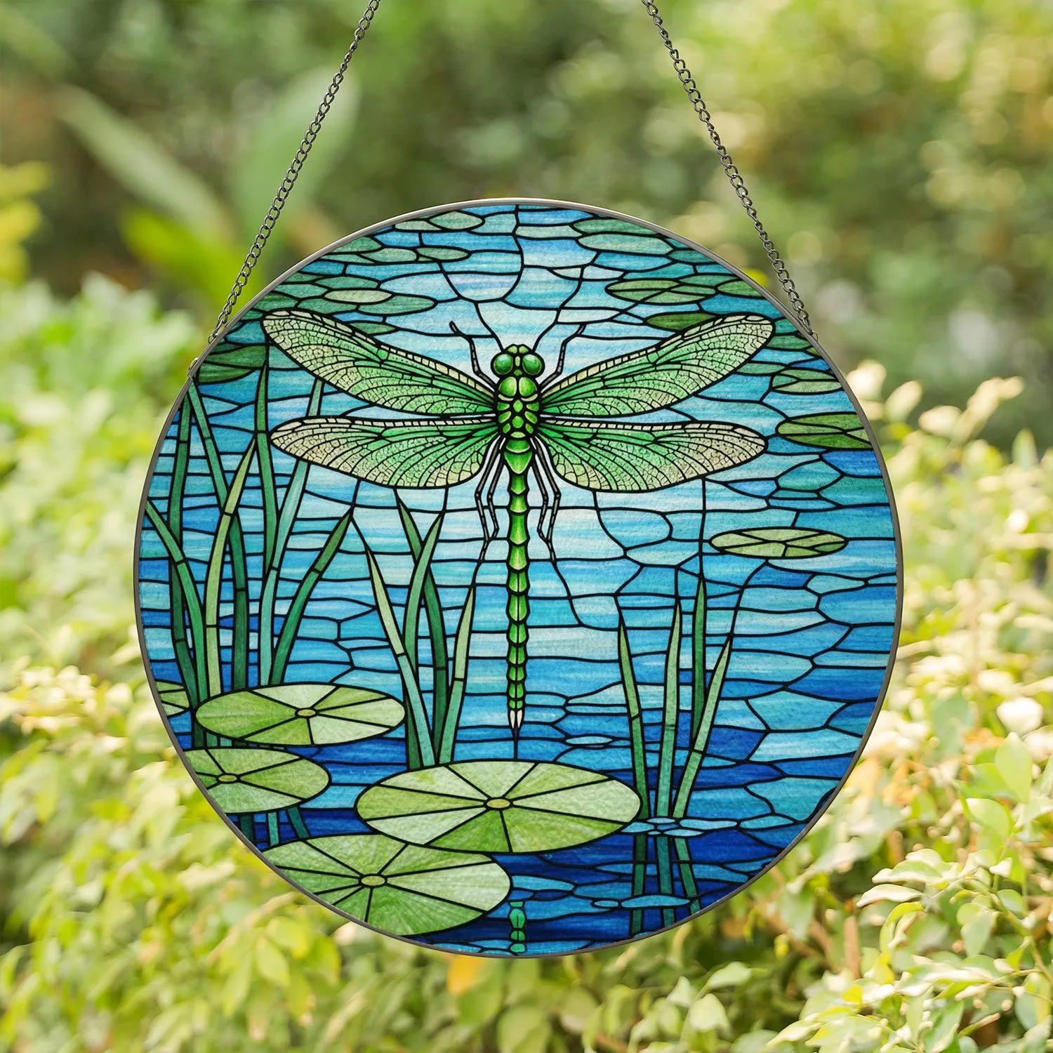 Emerald Green Dragonfly Lily Pad Pond Stained Glass Art - Tiffany Style Nature Lover Gift Stained Glass Suncatcher - 1