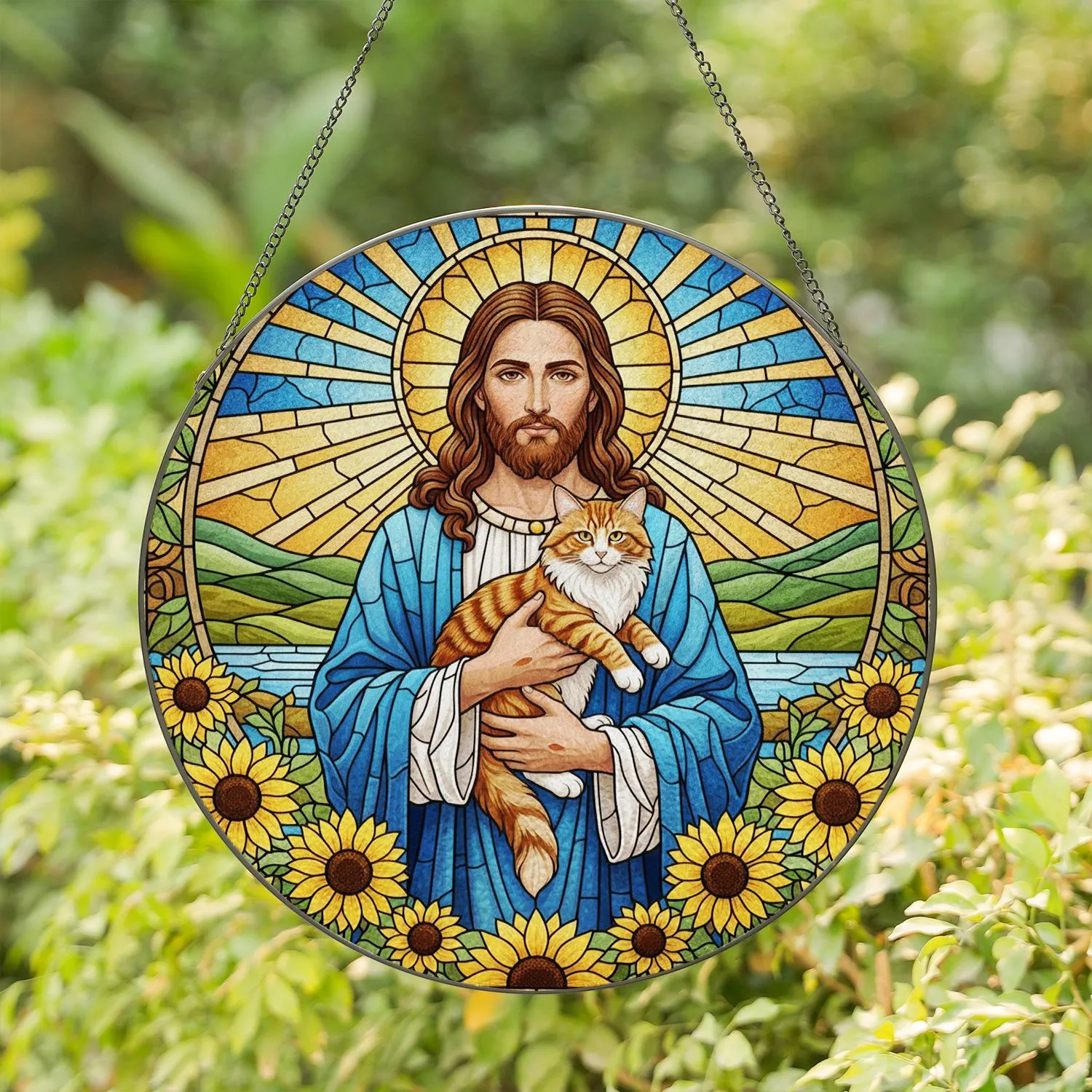 Jesus Christ Tabby Cat Sunflowers - Tiffany Glass Style Glowing Jewel Tones Stained Glass Suncatcher - 1
