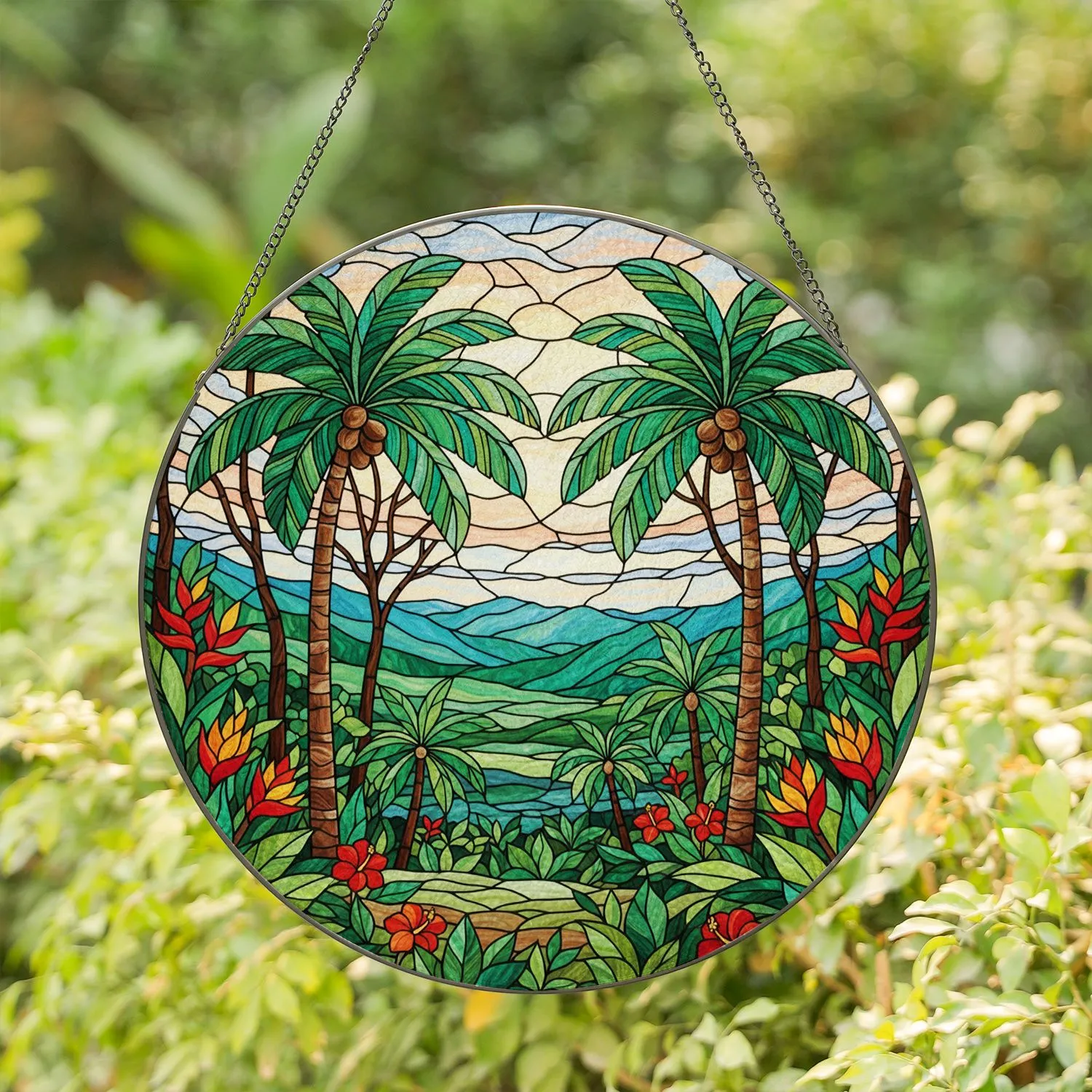 Palm Trees Tropical Landscape - Stained Glass Style with Exotic Flowers Jewel Tones Stained Glass Suncatcher - 1