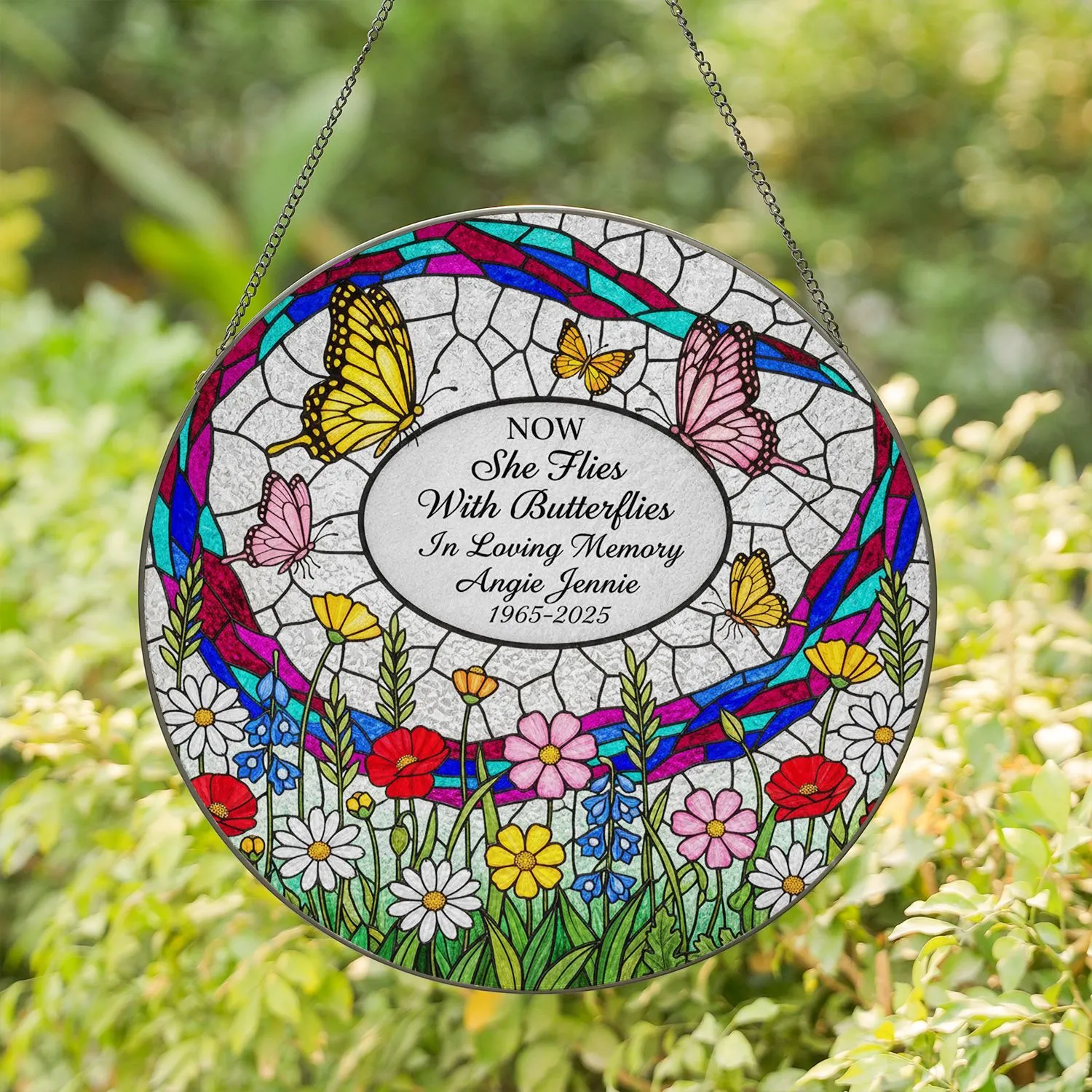 Butterflies Wildflowers Tiffany Stained Glass Memorial - Bereavement Sympathy Gift Stained Glass Suncatcher - 1
