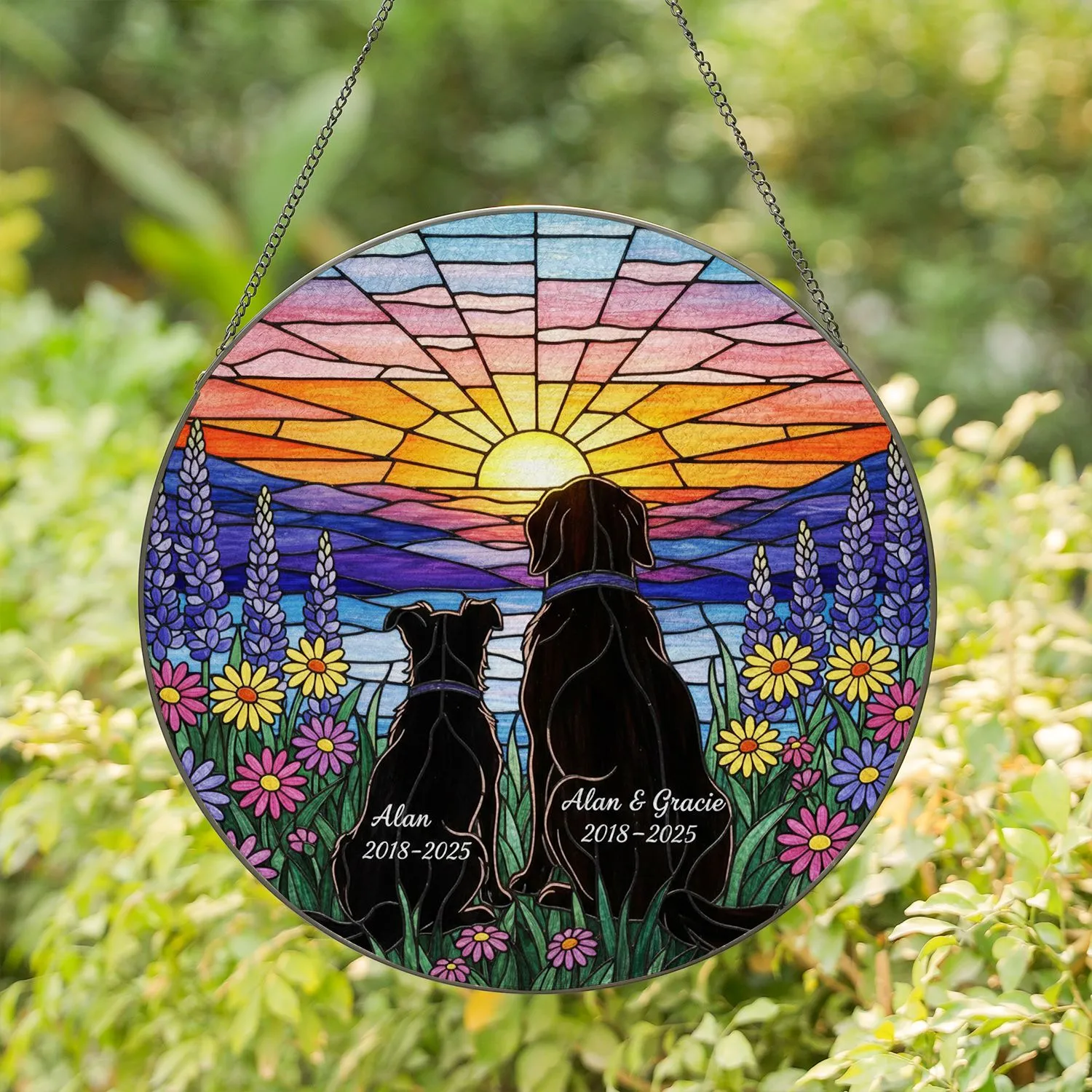 Silhouetted Dogs Alan & Gracie 2018-2025 Wildflowers Sunset Hills Sky Memorial Stained Glass Suncatcher - 1