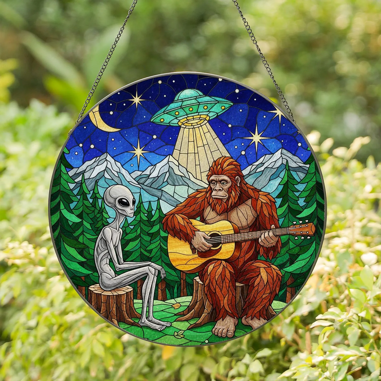 Bigfoot Alien UFO Tiffany Stained Glass - Cryptid Sci-Fi Mountain Night Sky Scene Stained Glass Suncatcher - 1
