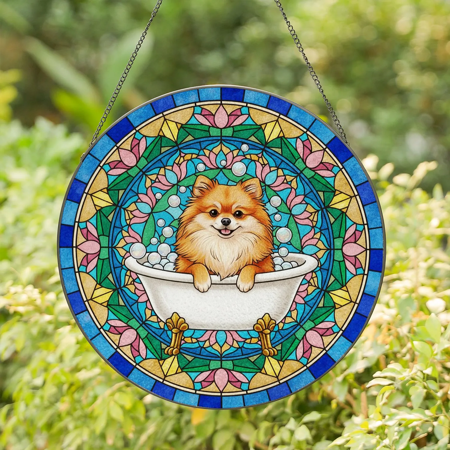 Pomeranian Dog Clawfoot Bathtub Stained Glass Mosaic Intricate Lotus Decor Gift Stained Glass Suncatcher - 1