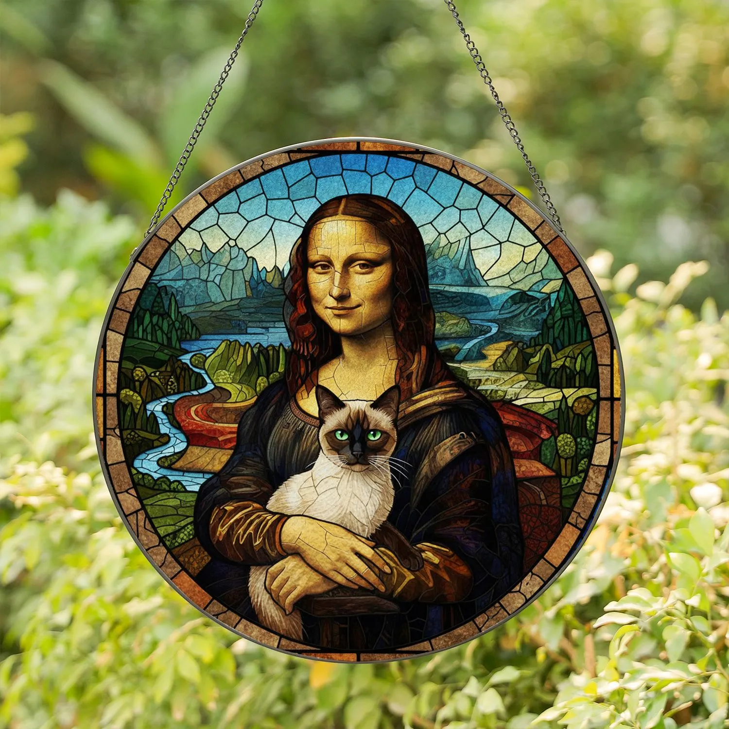 Intricate Tiffany Glass Mona Lisa Siamese Cat Renaissance Landscape Mosaic Art Stained Glass Suncatcher - 1