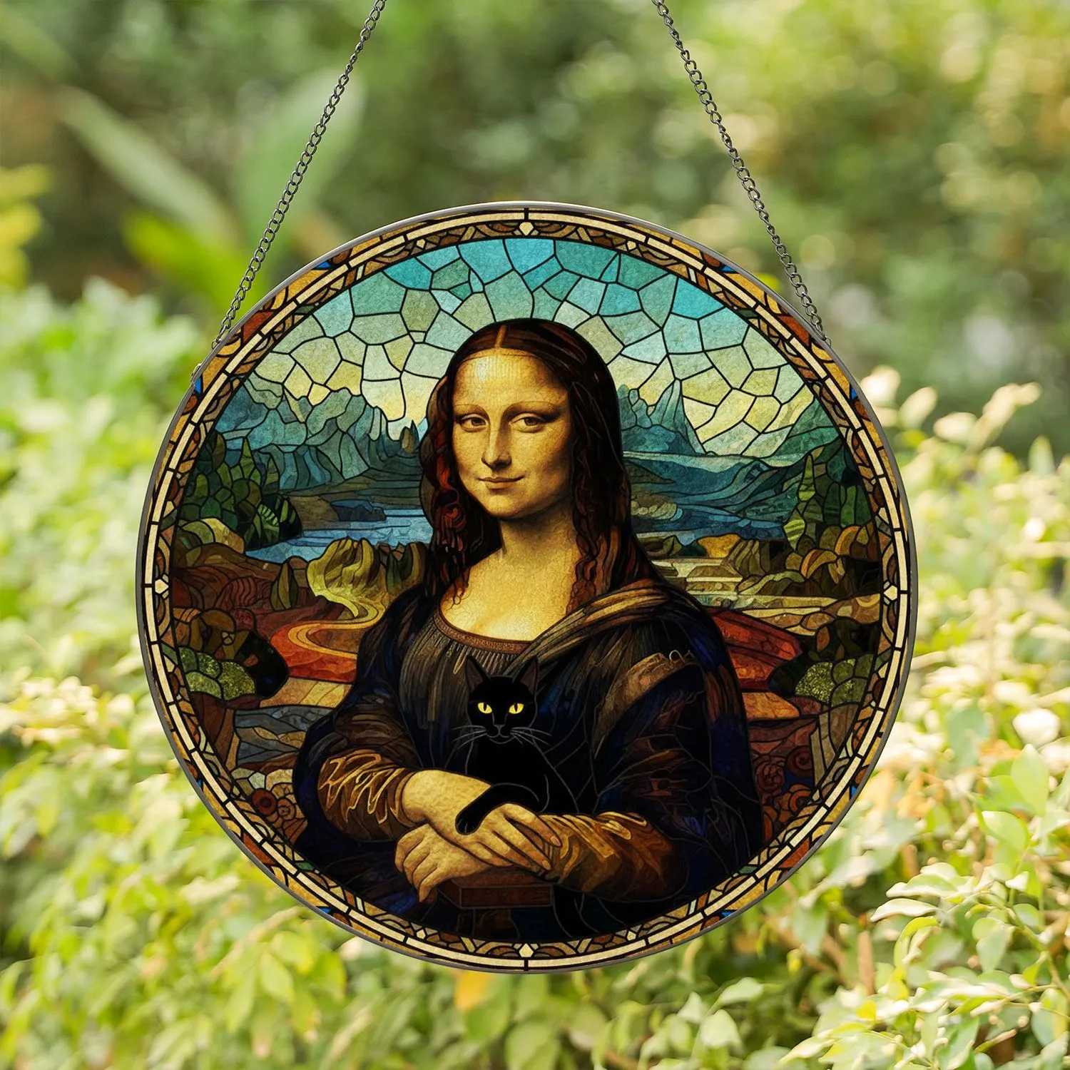 Mona Lisa Black Cat Stained Glass Mosaic Art - Tiffany Inspired Jewel Tone Home Decor Stained Glass Suncatcher - 1