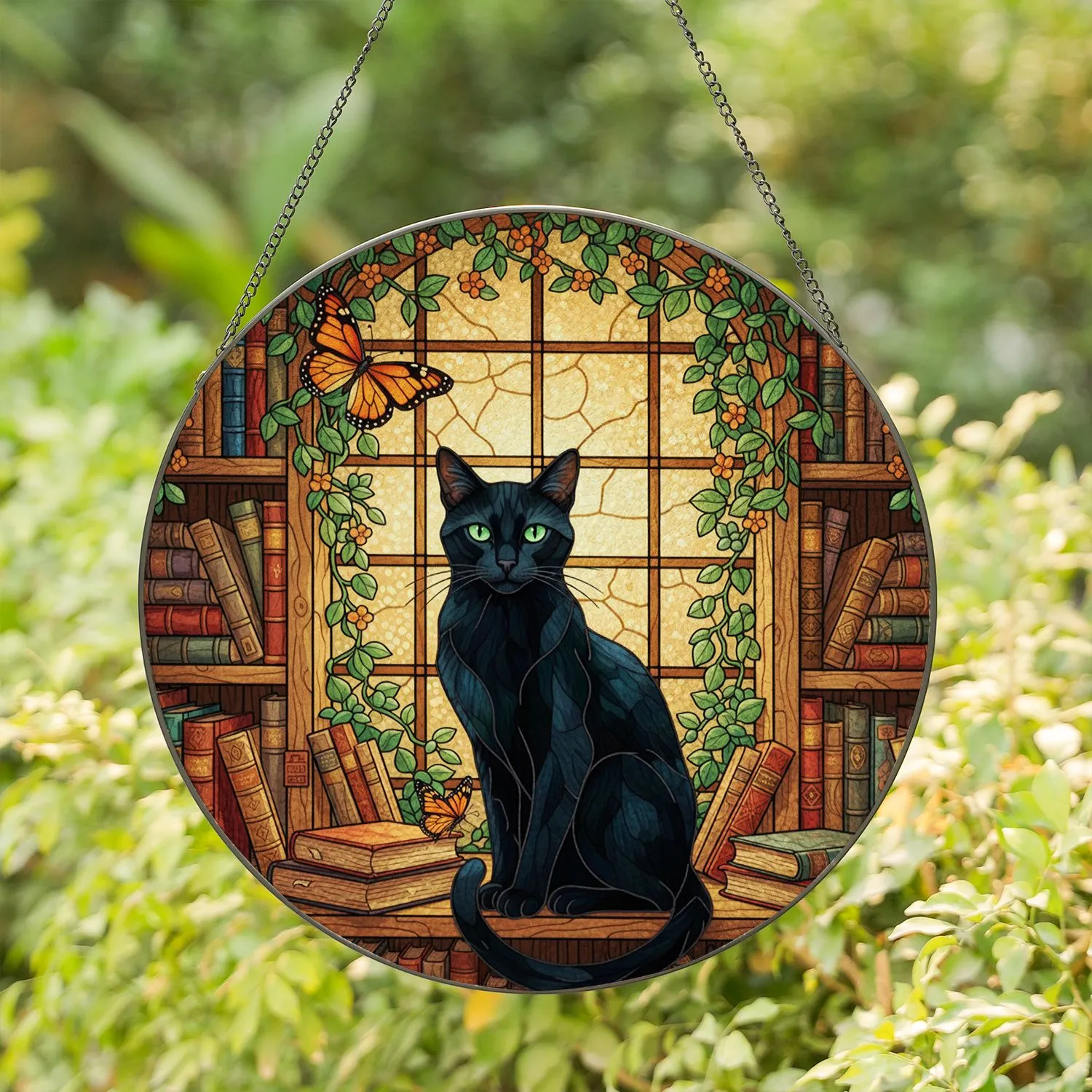 Black Cat Butterfly Bookshelf Stained Glass Window - Cat & Book Lover Gift Stained Glass Suncatcher - 1