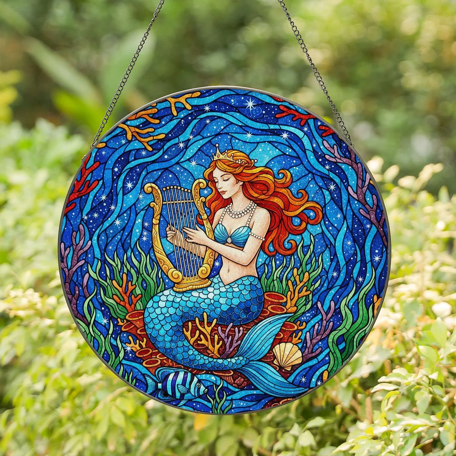 Mermaid Harp Stained Glass Ocean Coral Tiffany Style Home Decor Celestial Art Gift Stained Glass Suncatcher - 1